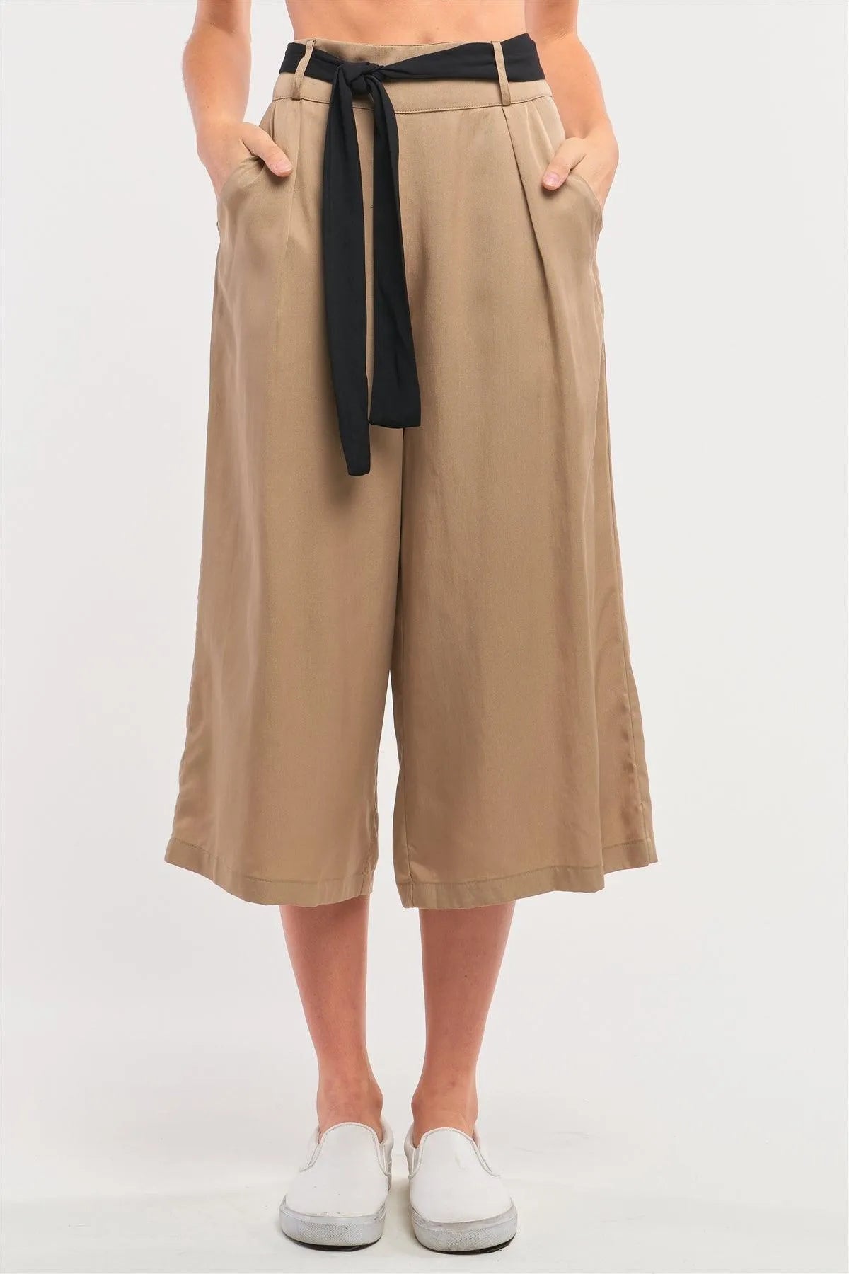 Beige High Waist Self-Tie Belt Detail Flare Capri Pants /1-2-2 - Tasha Apparel Wholesale