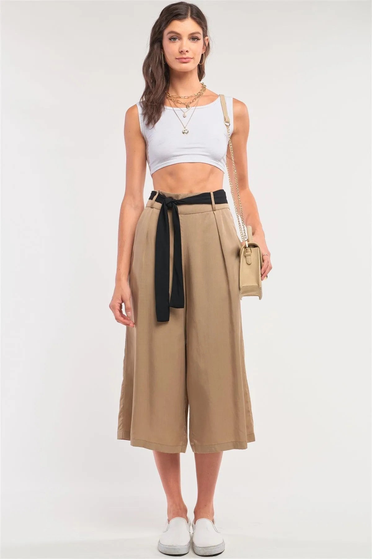 Beige High Waist Self-Tie Belt Detail Flare Capri Pants /1-3-2 - Tasha Apparel Wholesale