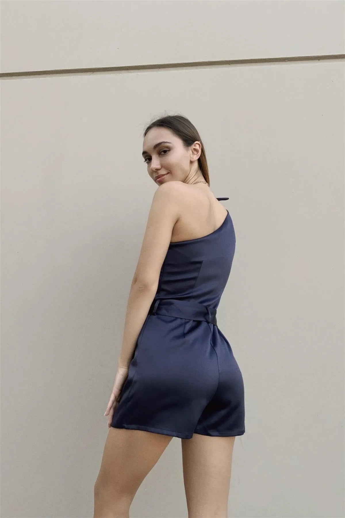 Navy Satin One Shoulder Self-Tie Wrap Skort Romper - Tasha Apparel Wholesale