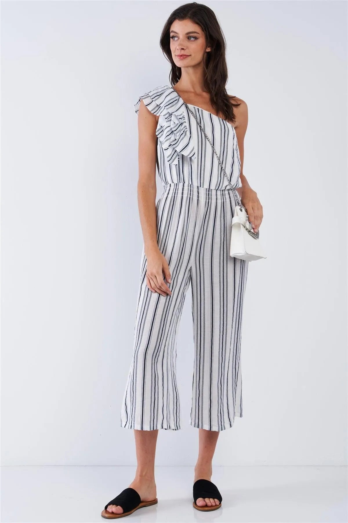 Navy Blue And White Vertical Multi Stripe Print One-Shoulder Ruffle Hem Wide Leg Jumpsuit /1-2-2-1 - Tasha Apparel Wholesale