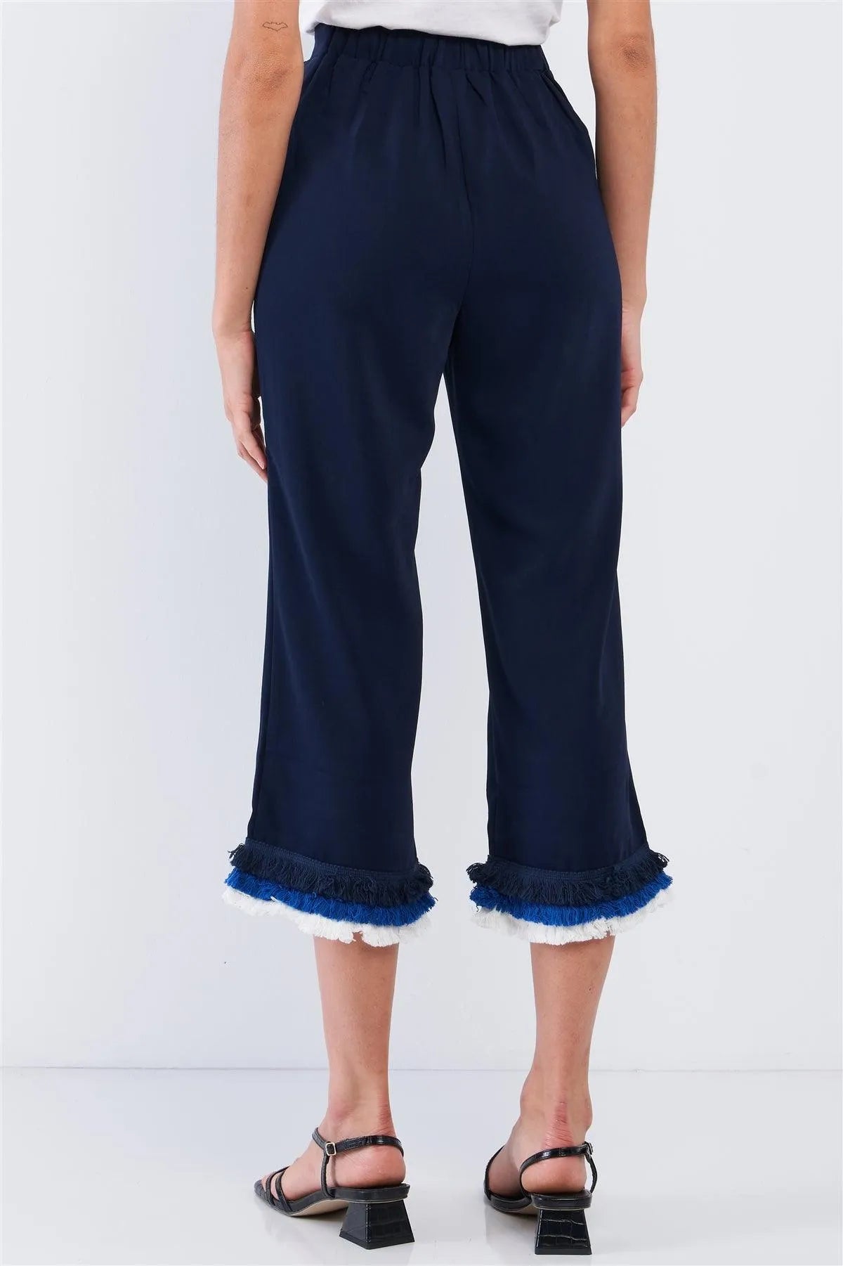 Deep Blue High Waist Layered Multicolor Shredded Hem Wide Leg Capri Pants With Front Pockets /2-2-2 - Tasha Apparel Wholesale