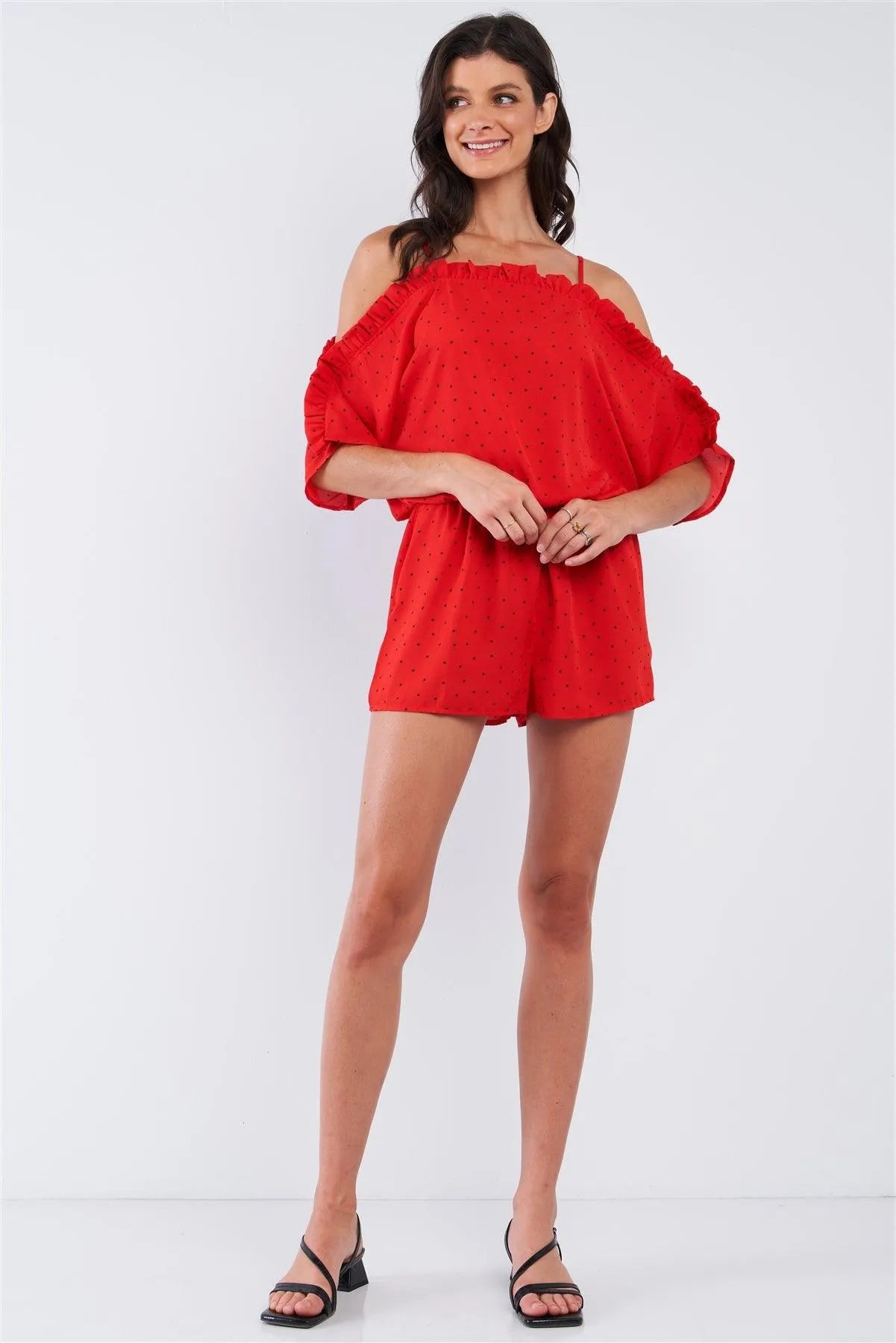 Red Black Polka-Dot Square Neck Cold Shoulder Ruffle Hem Detail Romper /1-2-2-1 - Tasha Apparel Wholesale