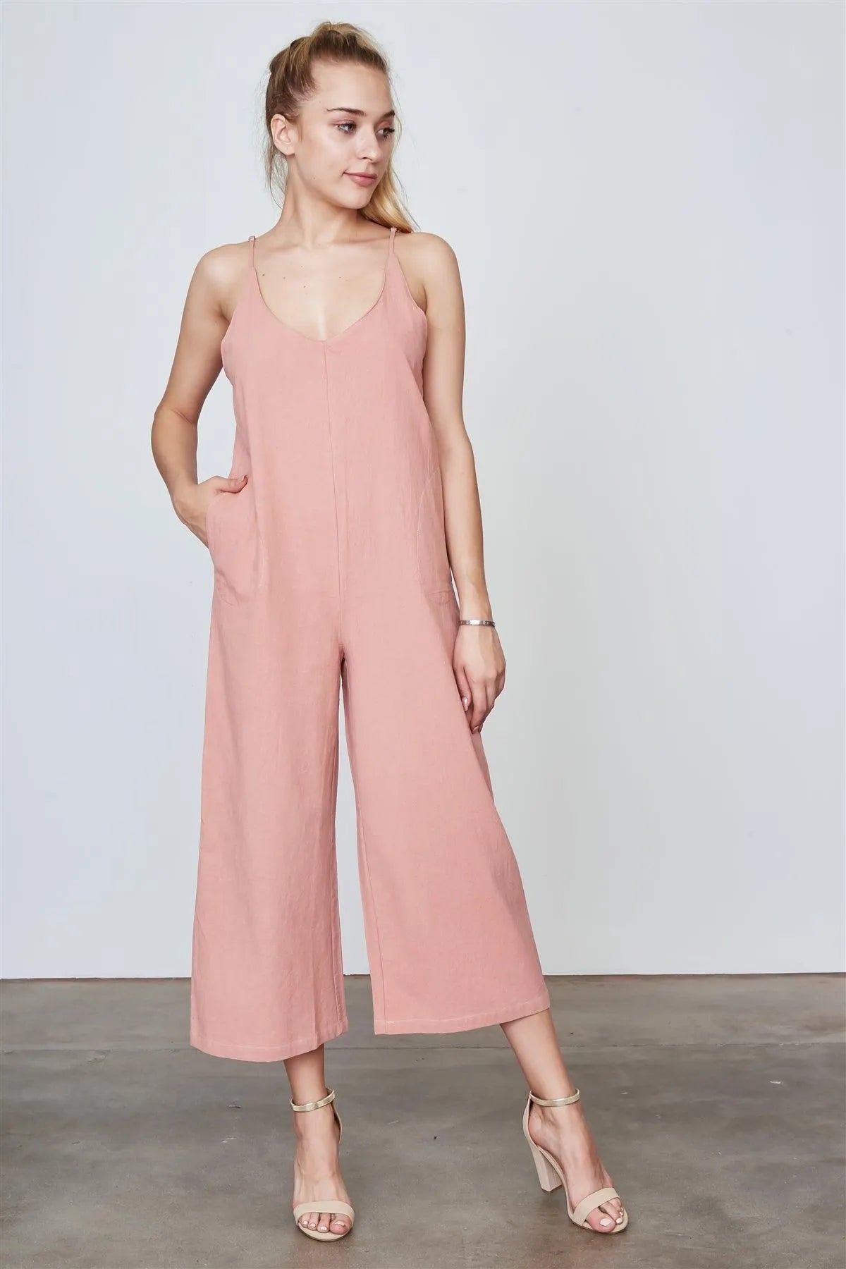 Boho Dust Coral Sleeveless Wide Leg Loose Jumpsuit /3-2-1 - Tasha Apparel Wholesale