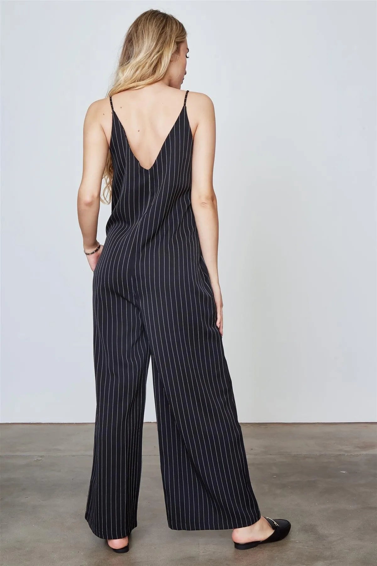 Black Pinstripe Wide Leg Jumpsuit /3-2-1 - Tasha Apparel Wholesale