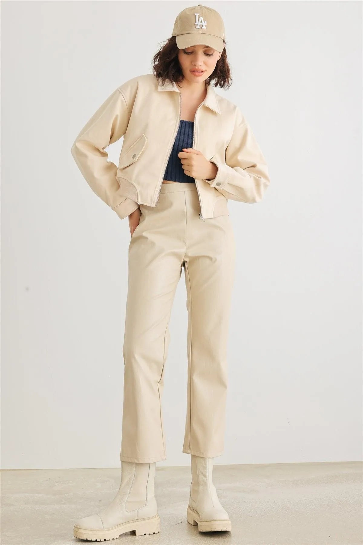 Cream Faux Leather High Waist Pants /1-2-2-1 - Tasha Apparel Wholesale