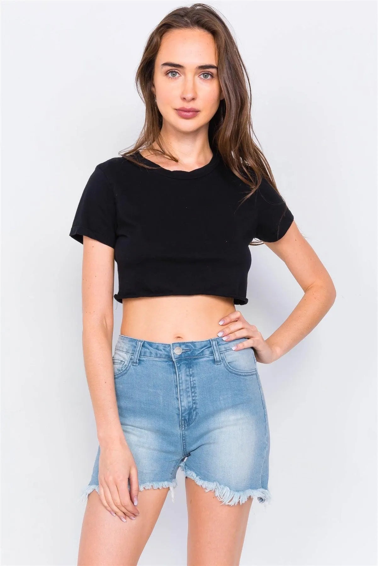 Light Denim Distressed Cotton Asymmetrical Raw Cut Hem Casual Shorts /3-2-1 - Tasha Apparel Wholesale