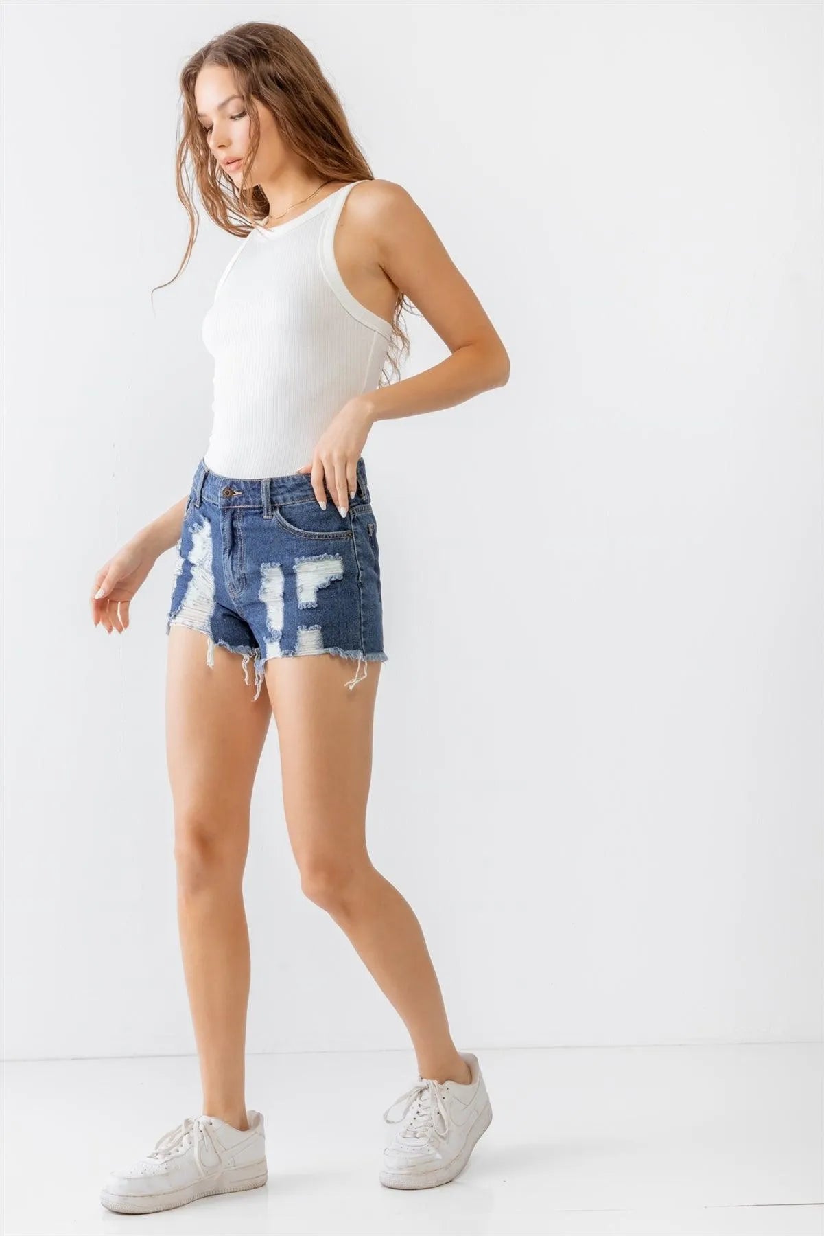 Dark Denim Cotton Distressed Raw Hem High Waist Shorts - Tasha Apparel Wholesale