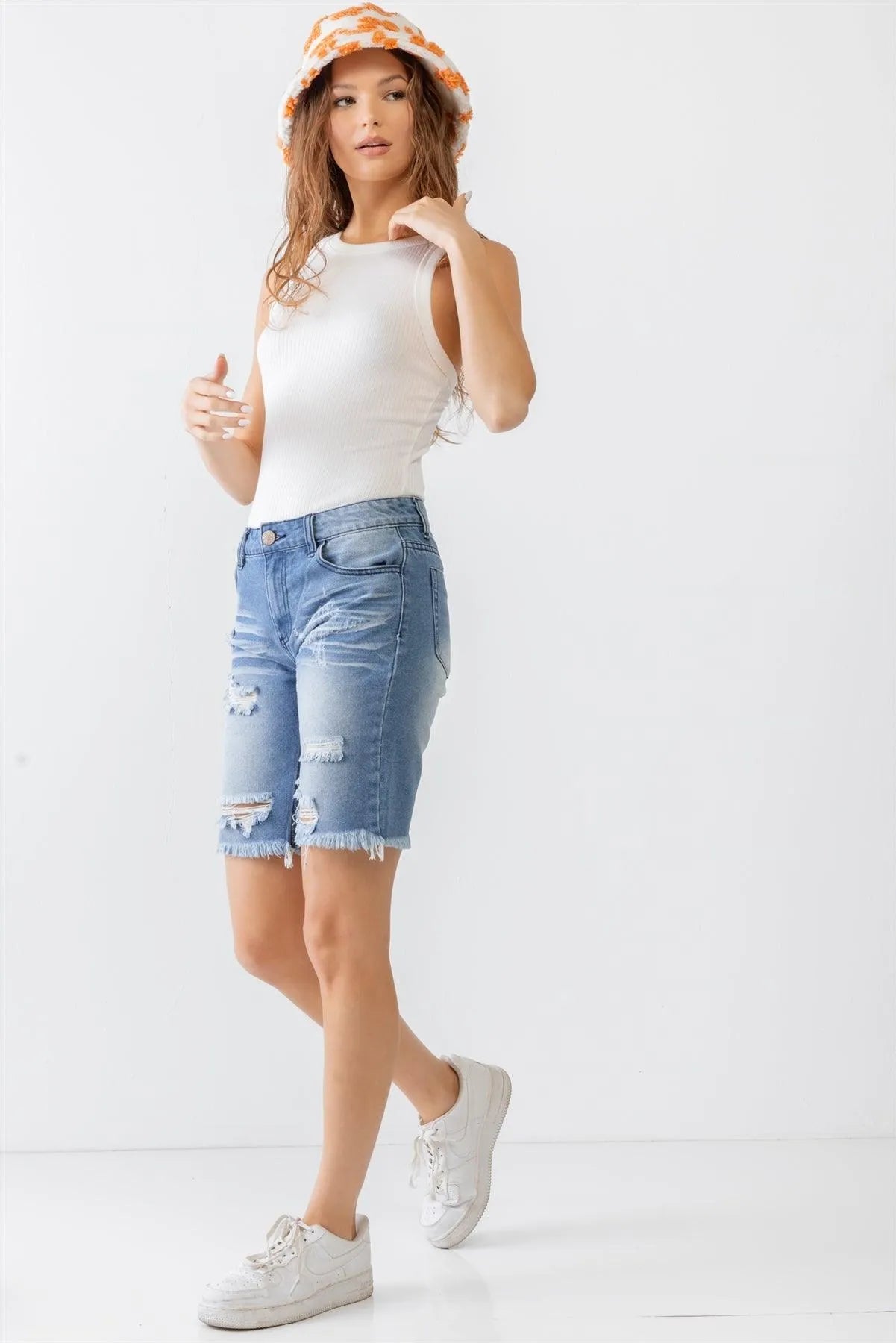 Denim Cotton Distressed High Waist Raw Hem Capri Shorts /1-3-1 - Tasha Apparel Wholesale