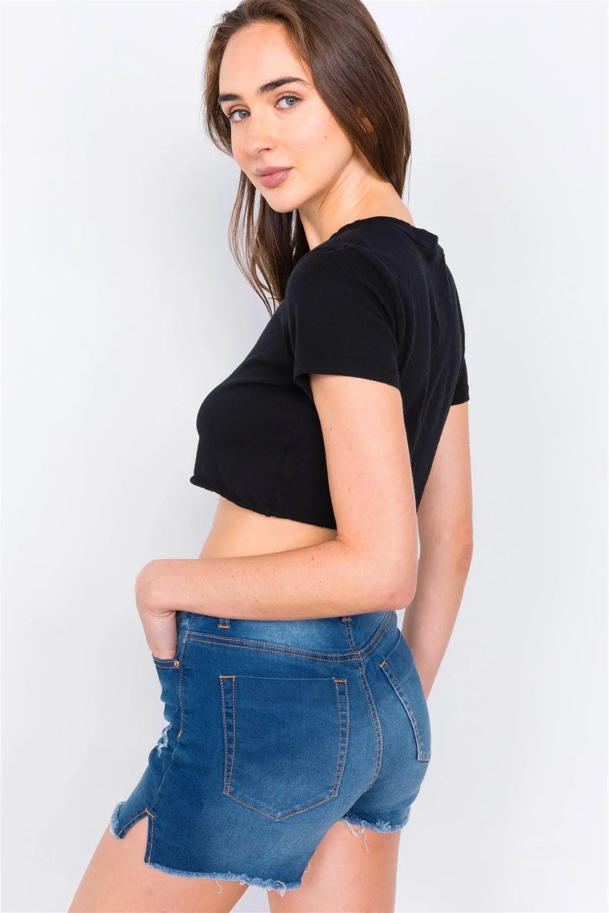 Dark Denim Acid Washed Cotton Raw Hem Casual Shorts /2-2-1-1 - Tasha Apparel Wholesale