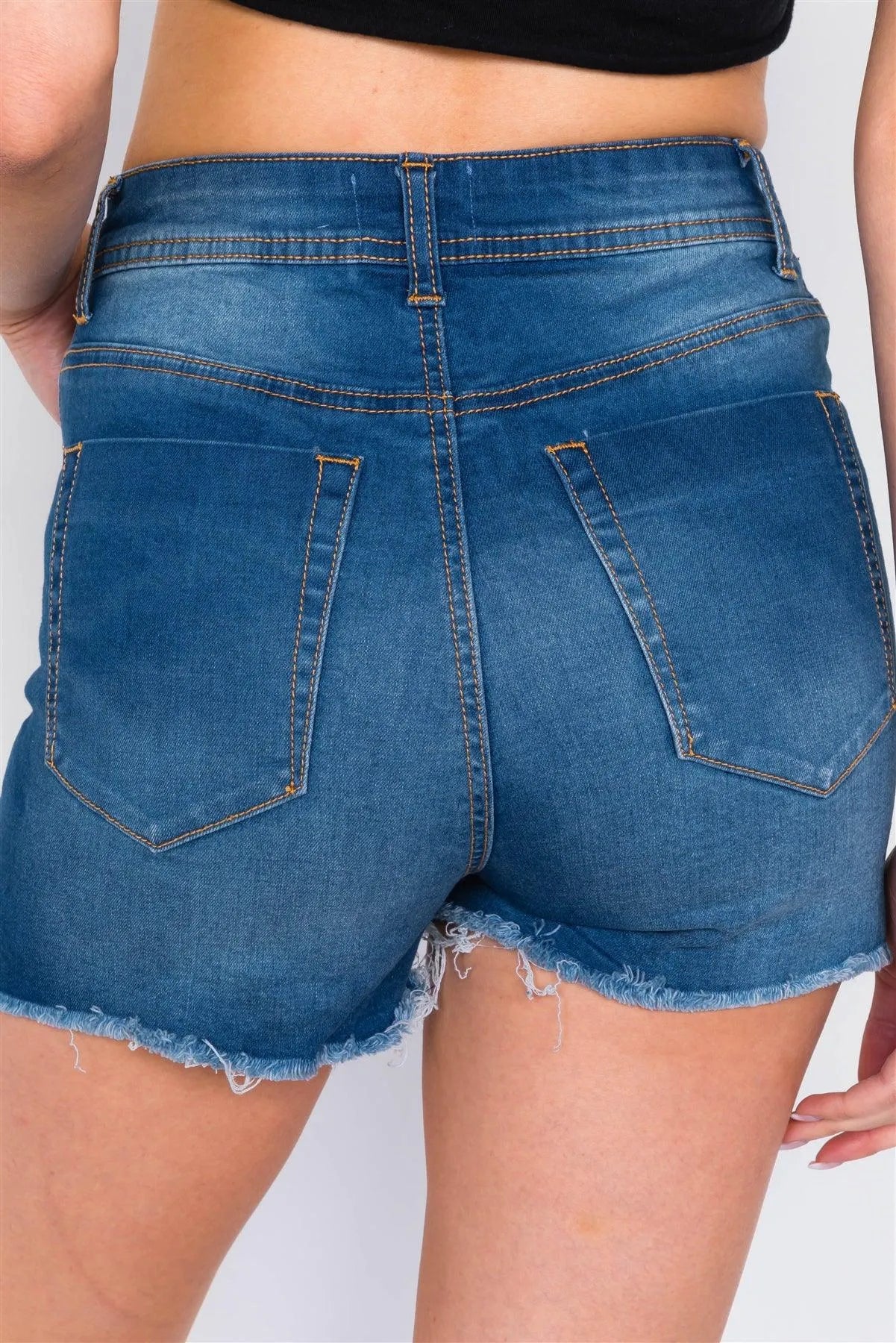 Dark Denim Acid Washed Cotton Raw Hem Casual Shorts - Tasha Apparel Wholesale