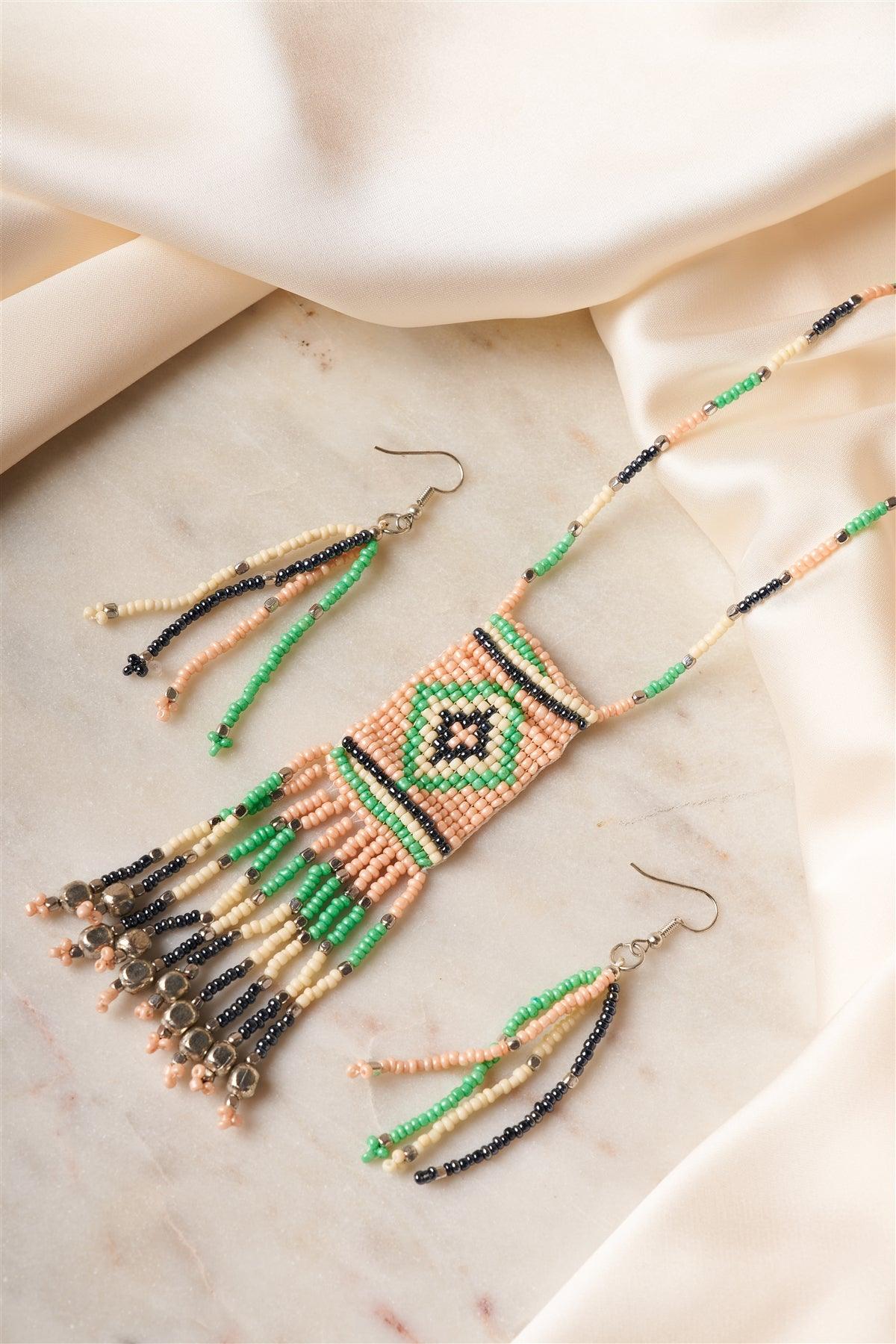 Multi Color Tribal Inspired Beaded Ear Rings & Necklace Set /1 Set