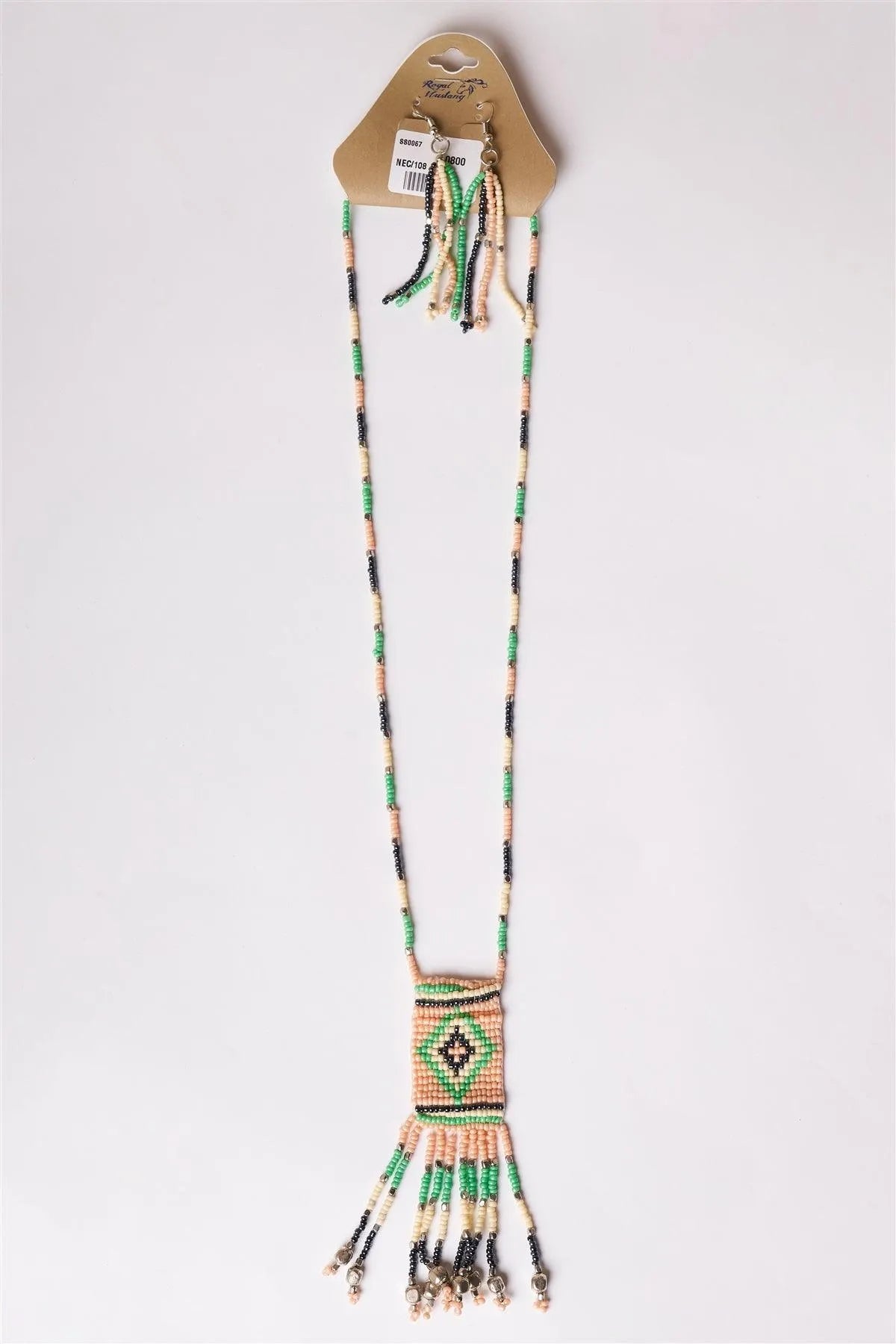 Multi Color Tribal Inspired Beaded Ear Rings & Necklace Set /1 Set - Tasha Apparel Wholesale