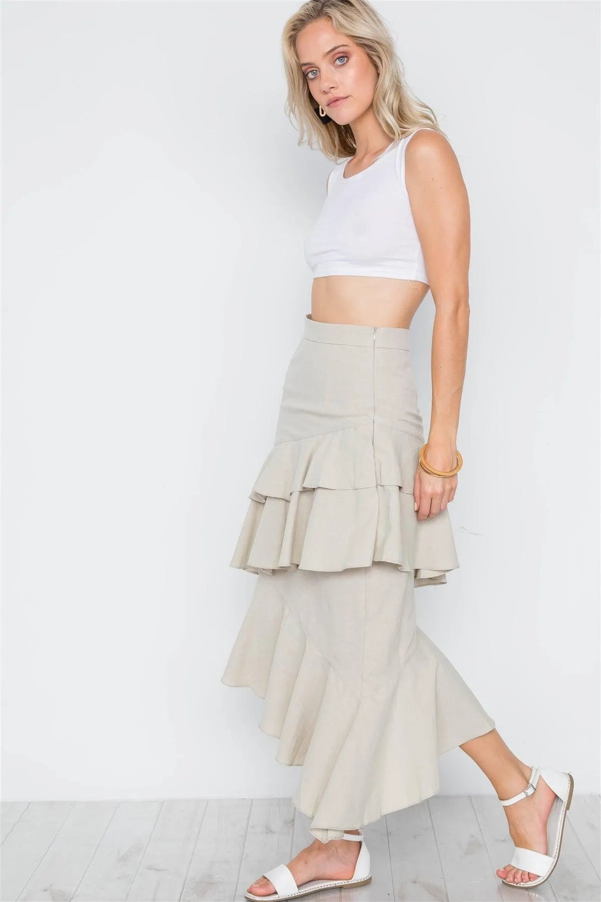 Brown Taupe Ruffle High-Waist Midi Skirt /2-2-2 - Tasha Apparel Wholesale