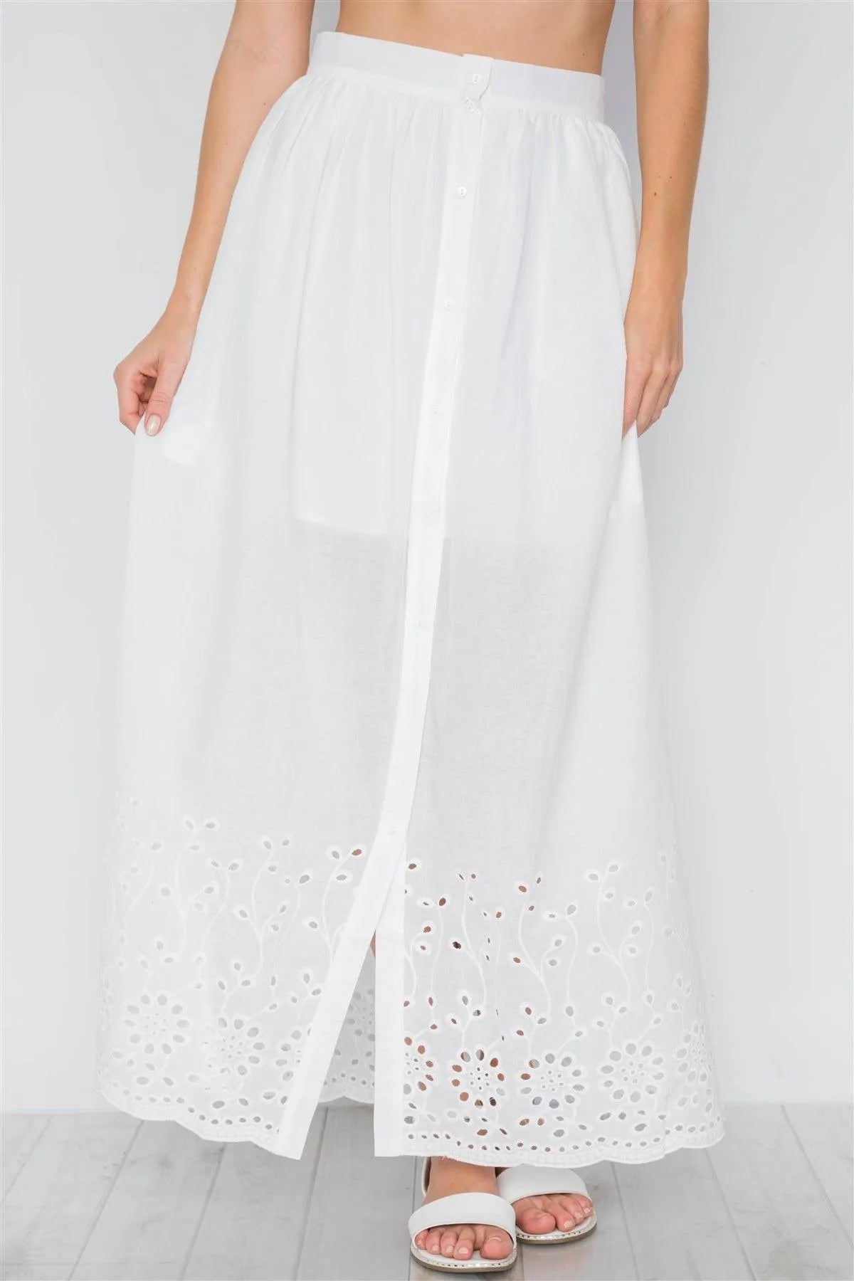Off White Floral Embroidery Maxi Boho Skirt /3-2-2 - Tasha Apparel Wholesale