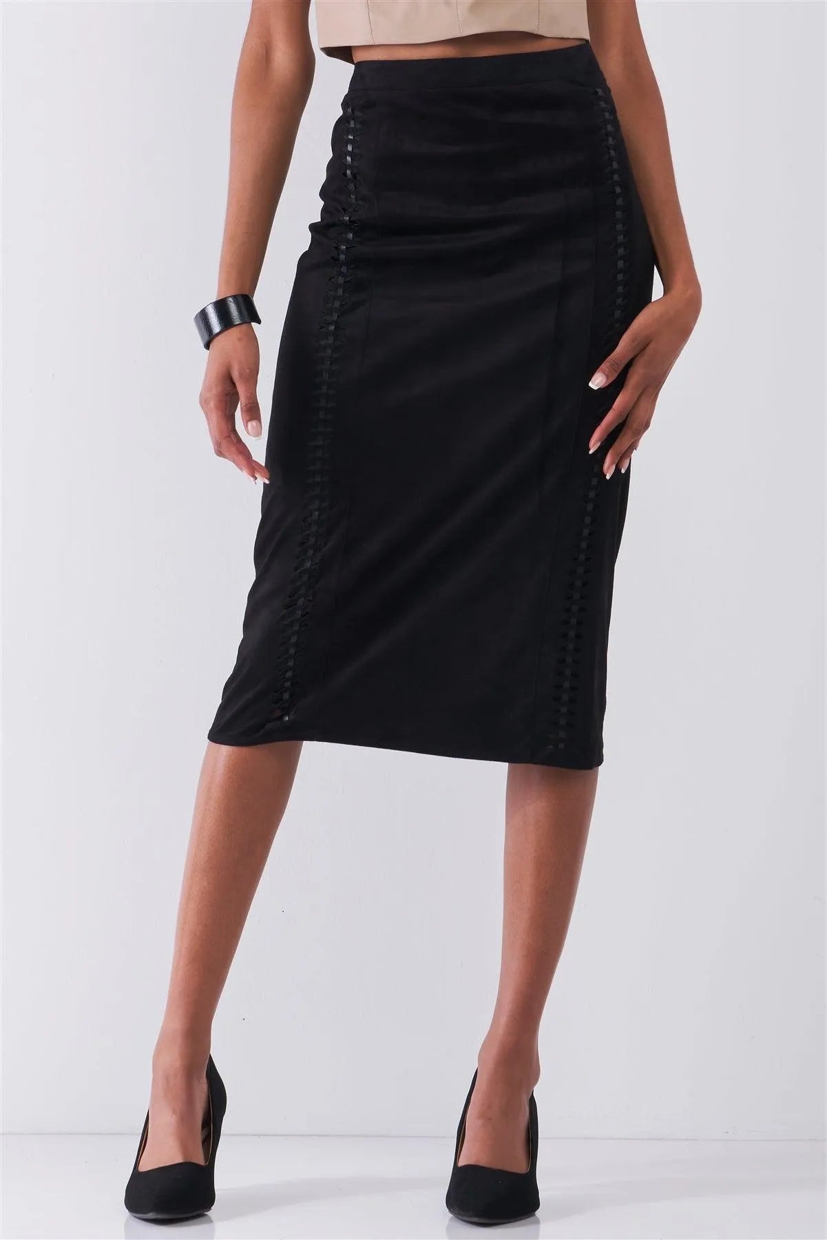 Black Suede High-Waist Side Trim Detail Pencil Fit Midi Skirt /1-2-2 - Tasha Apparel Wholesale