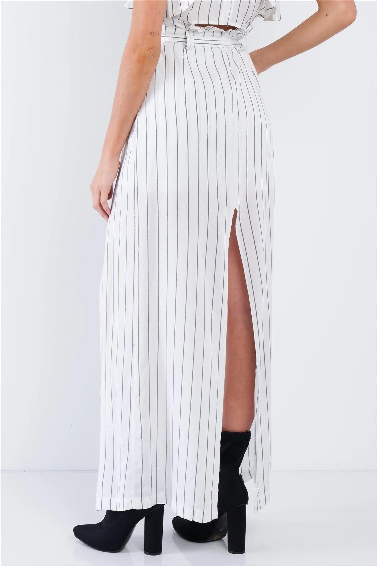 White & Grey Stripe Halter Crop Top and High Waist Frill Mock Maxi Skirt Skort Set /2-2-2 - Tasha Apparel Wholesale