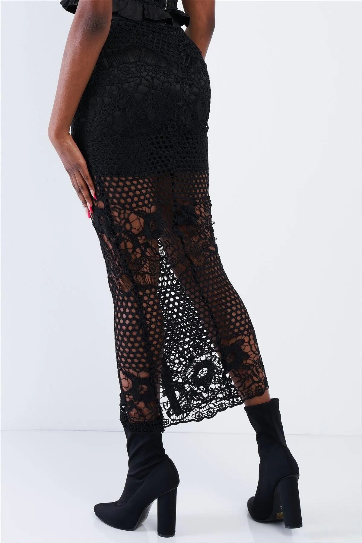 Black Lace Floral Fishnet Crop Bandeau & Snap Button Front Middle Slit Midi Skirt Set /2-2-2 - Tasha Apparel Wholesale