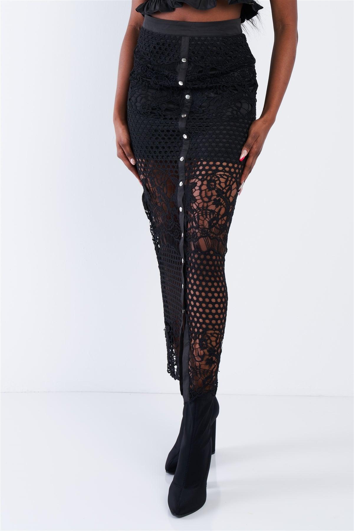 Black Lace Floral Fishnet Crop Bandeau & Snap Button Front  Middle Slit Midi Skirt Set
