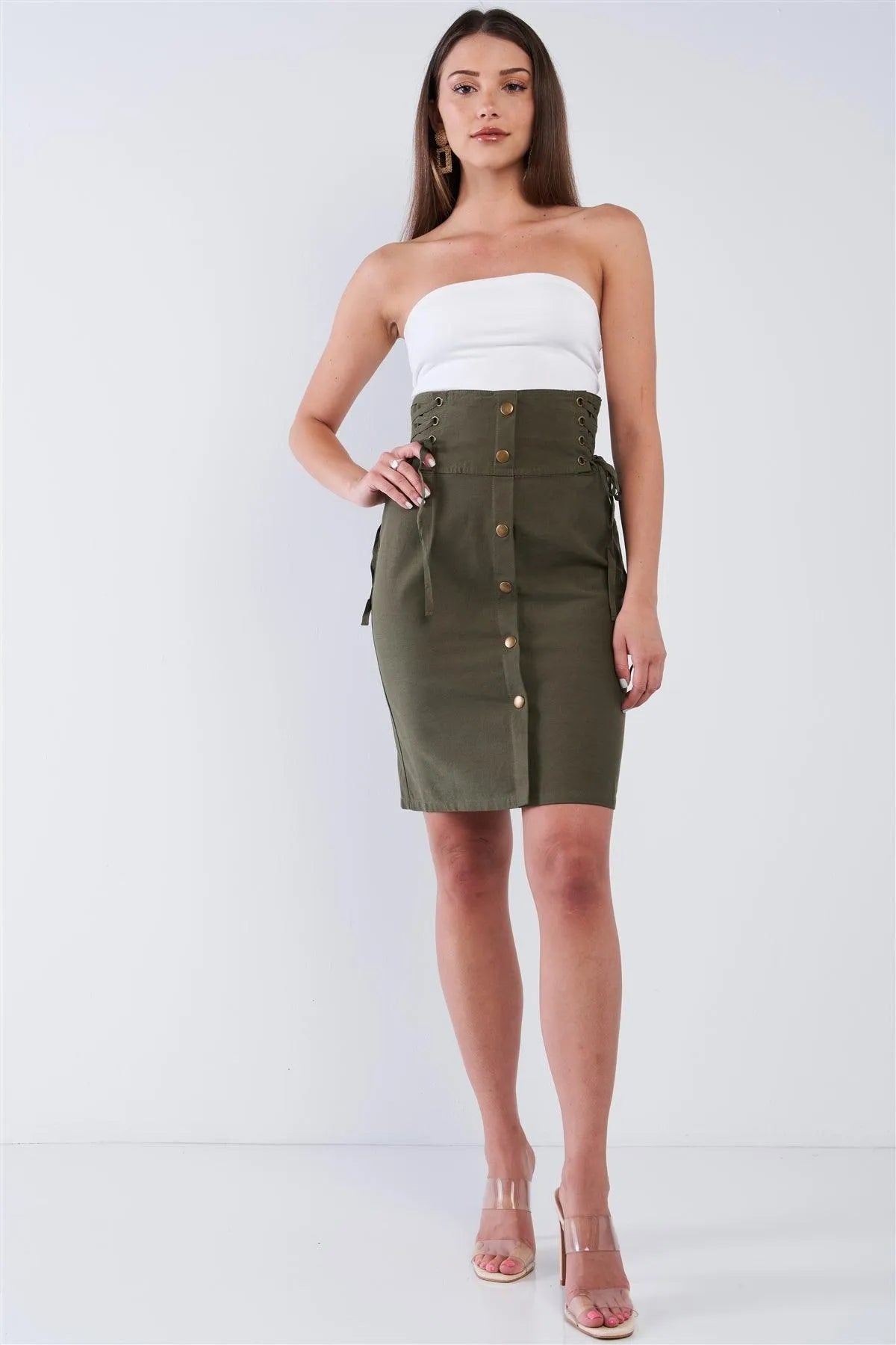 Khaki Green Tight Fit Front Button Down High Waist Tube Mini Skirt With Side Corset Draw String Tie Details /1-2-2-1 - Tasha Apparel Wholesale