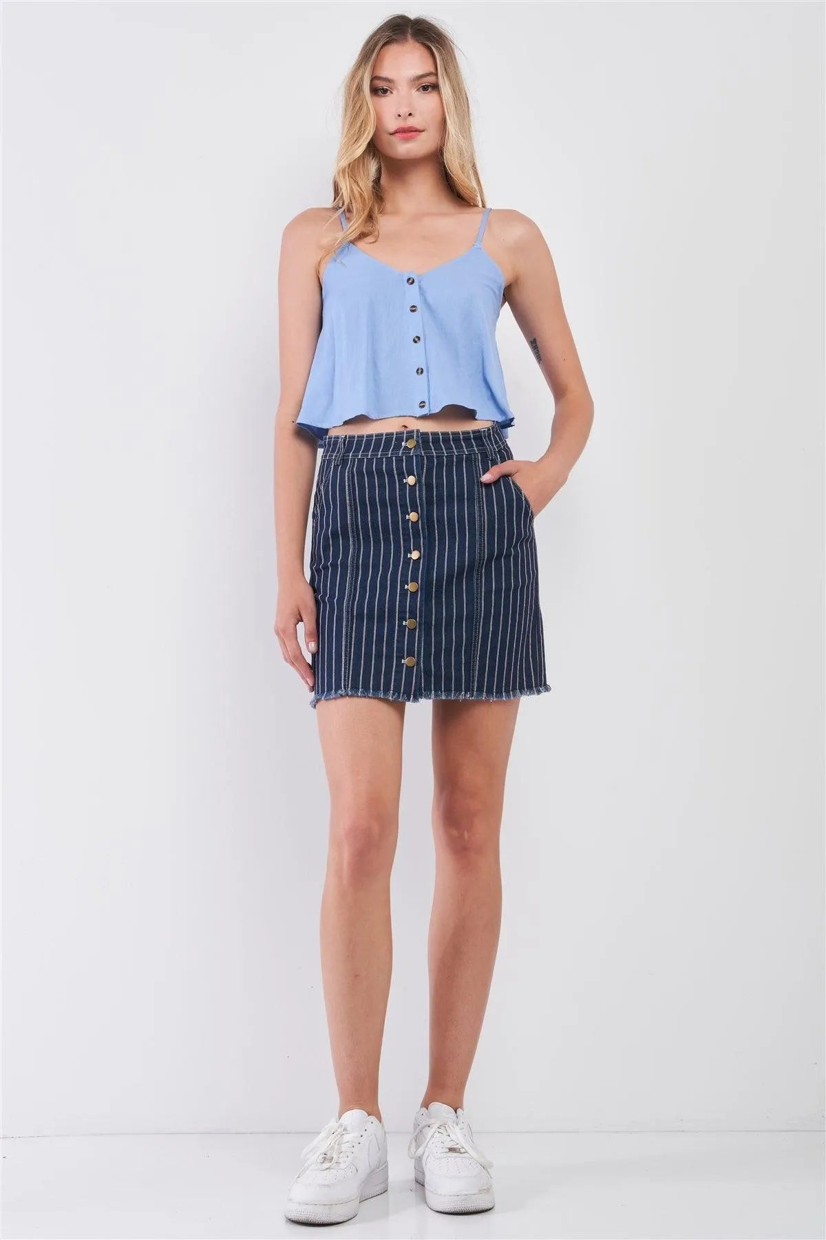 Dark Blue & Red Striped Print High Waist Button-Down Front Raw Hem Detail Denim Mini Skirt /1-2-2-1 - Tasha Apparel Wholesale