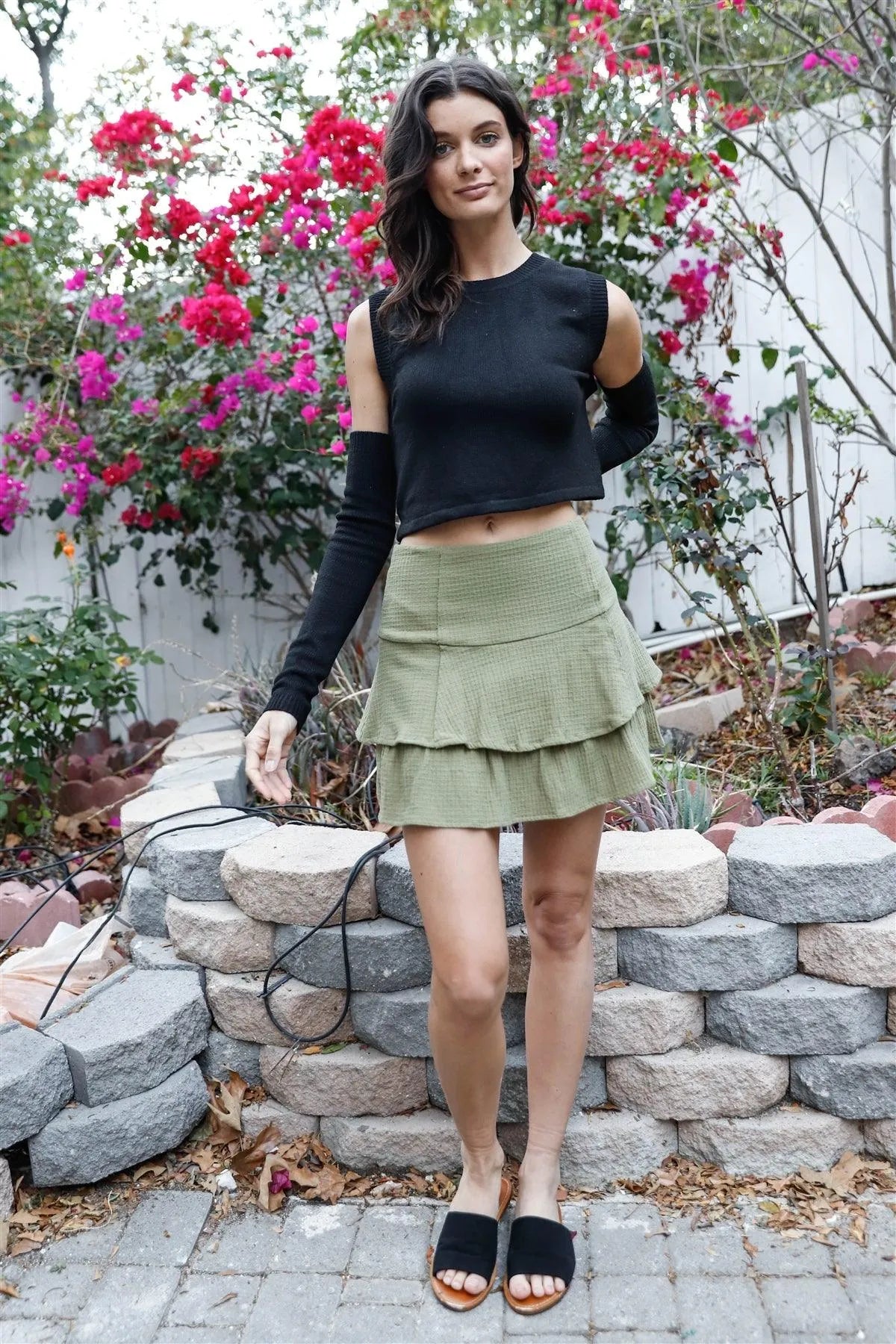 Olive Textured Ruffle Mini Skirt /2-2-1 - Tasha Apparel Wholesale