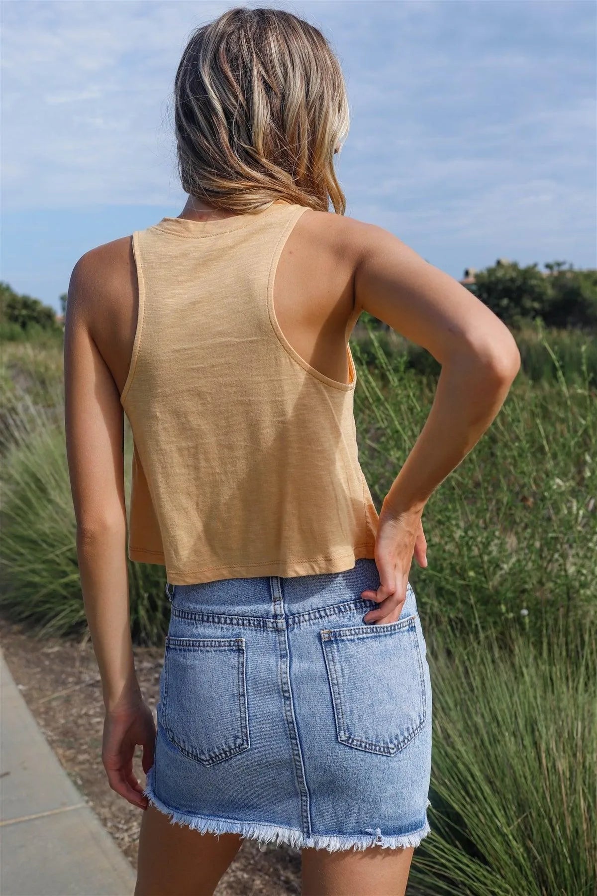 Denim High Waist Raw Hem & Waist Detail Mini Skirt /3-2-1 - Tasha Apparel Wholesale