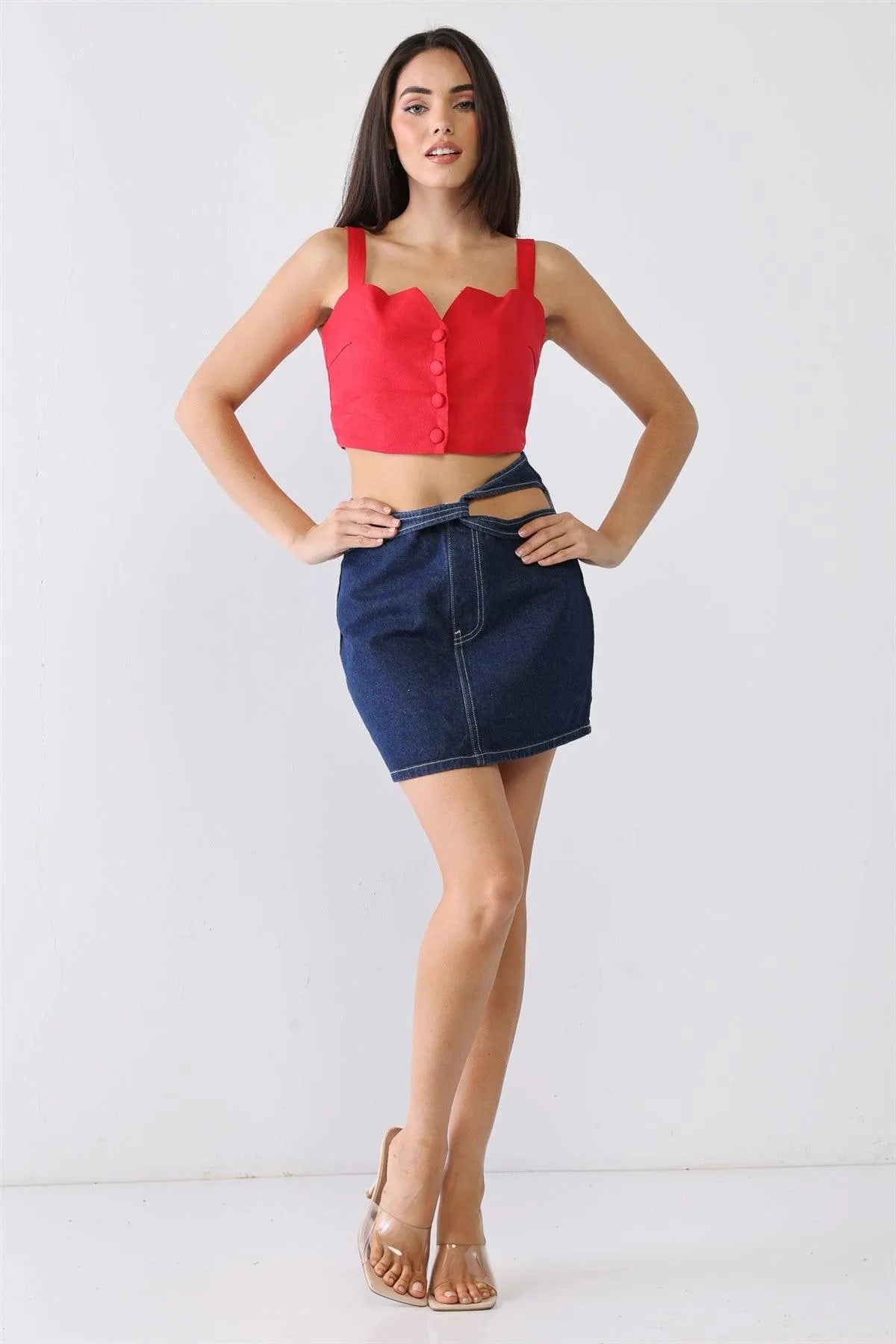 Denim Cotton Cut-Out Detail High Waist Mini Skirt - Tasha Apparel Wholesale