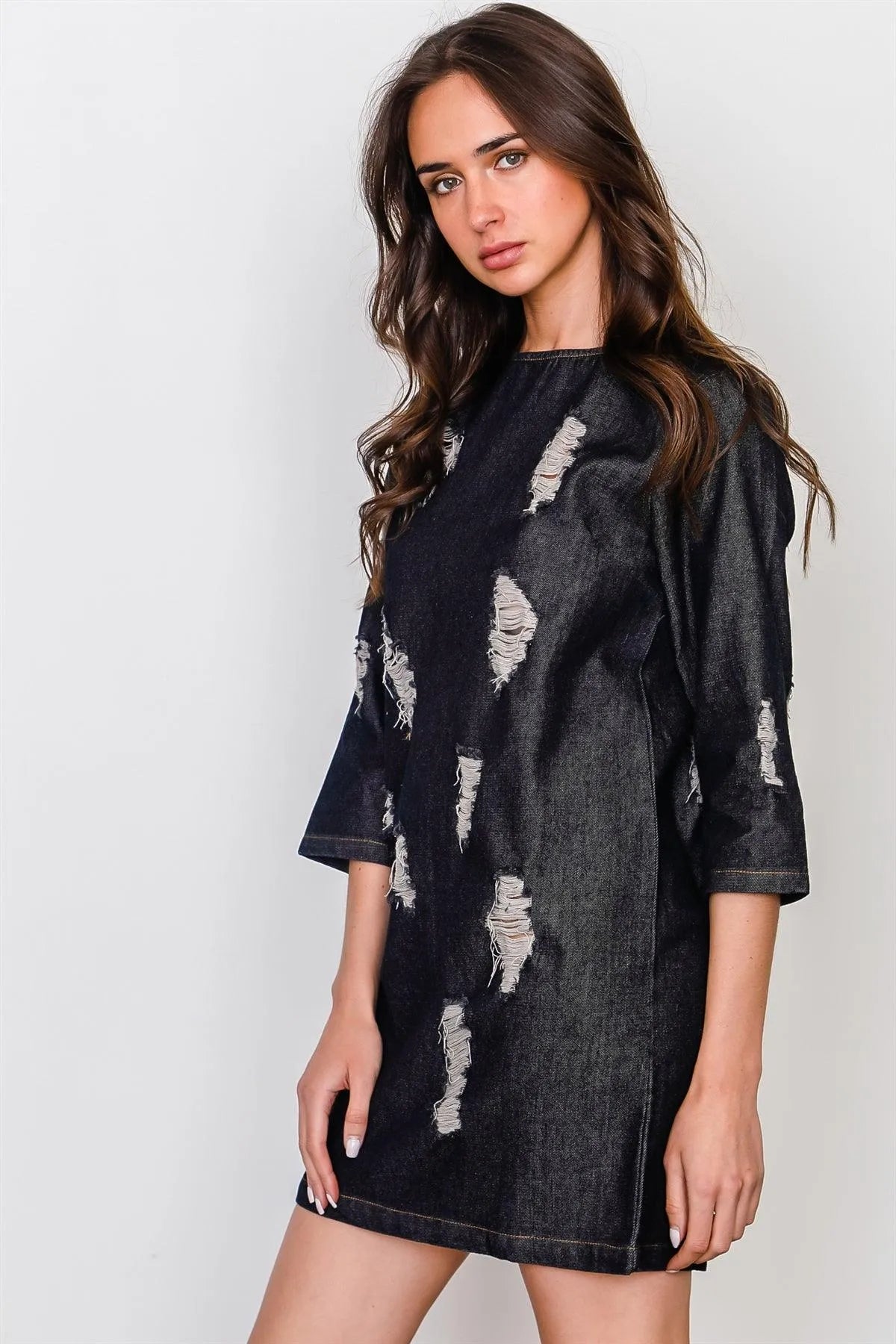 Black Denim Distressed Mini Dress /3-2 - Tasha Apparel Wholesale