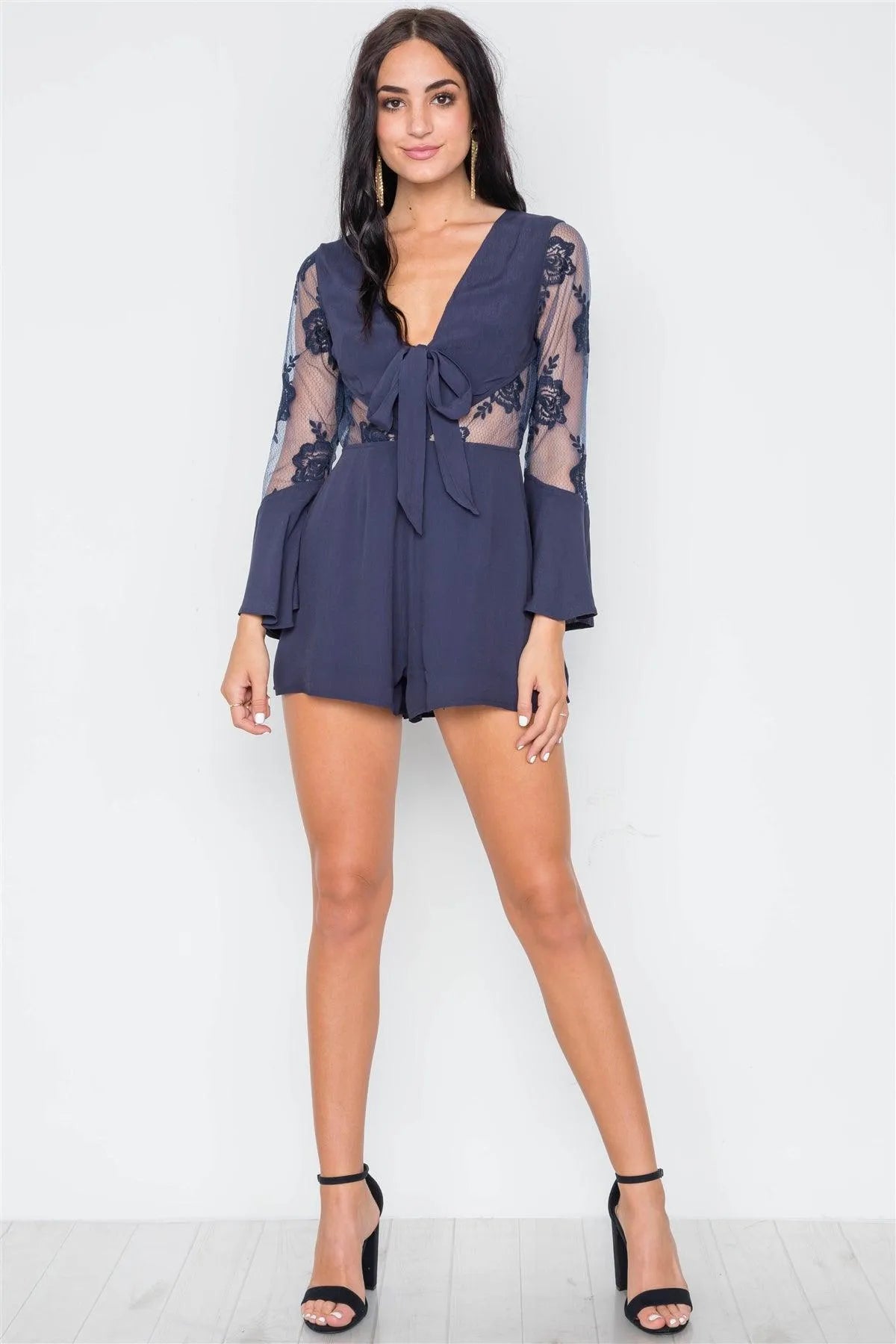 Navy Floral Embroidery Bell Sleeve Romper /1-3-2-1 - Tasha Apparel Wholesale