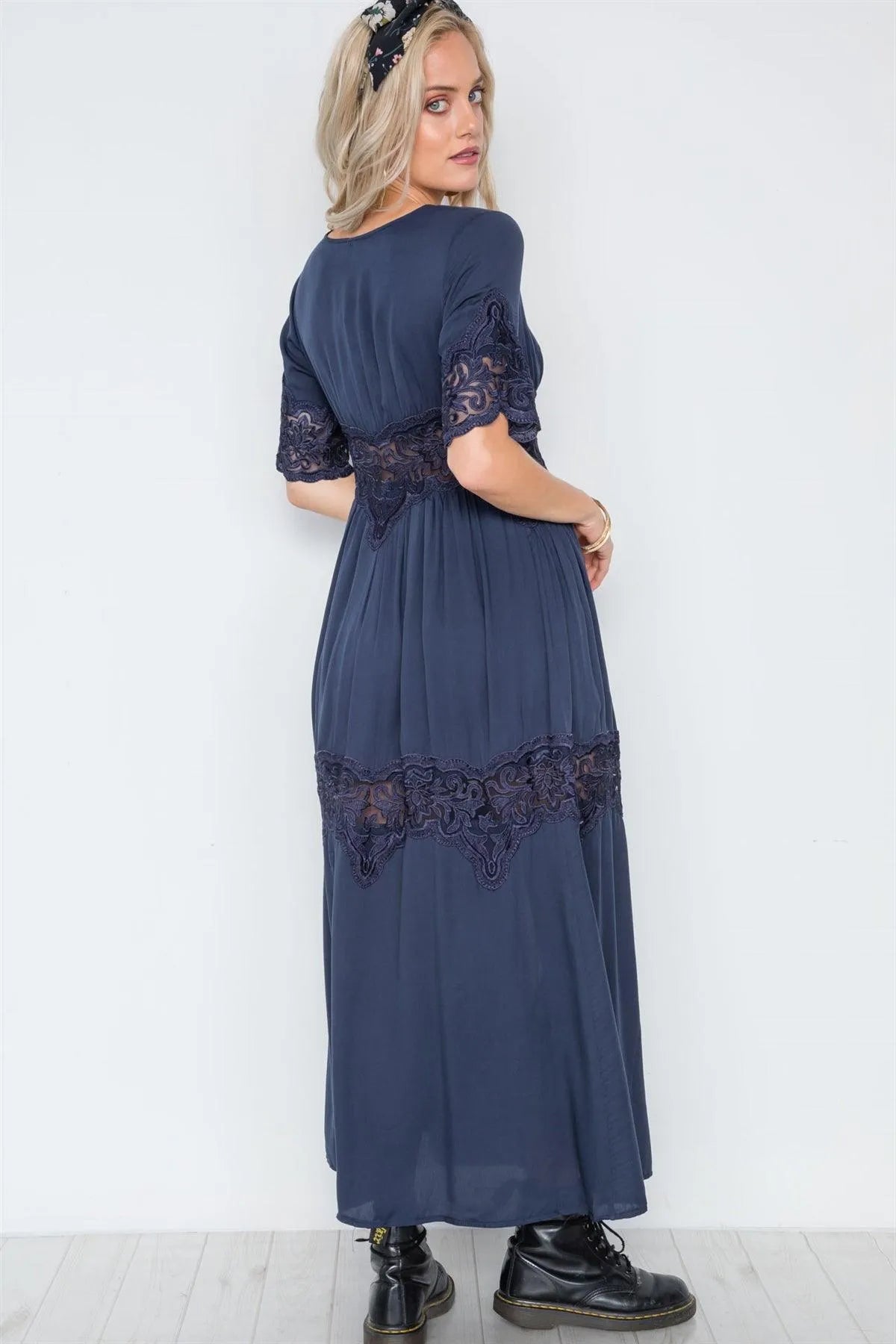 Navy Button Down Short Sleeve Maxi Boho Dress /1-1-1 - Tasha Apparel Wholesale