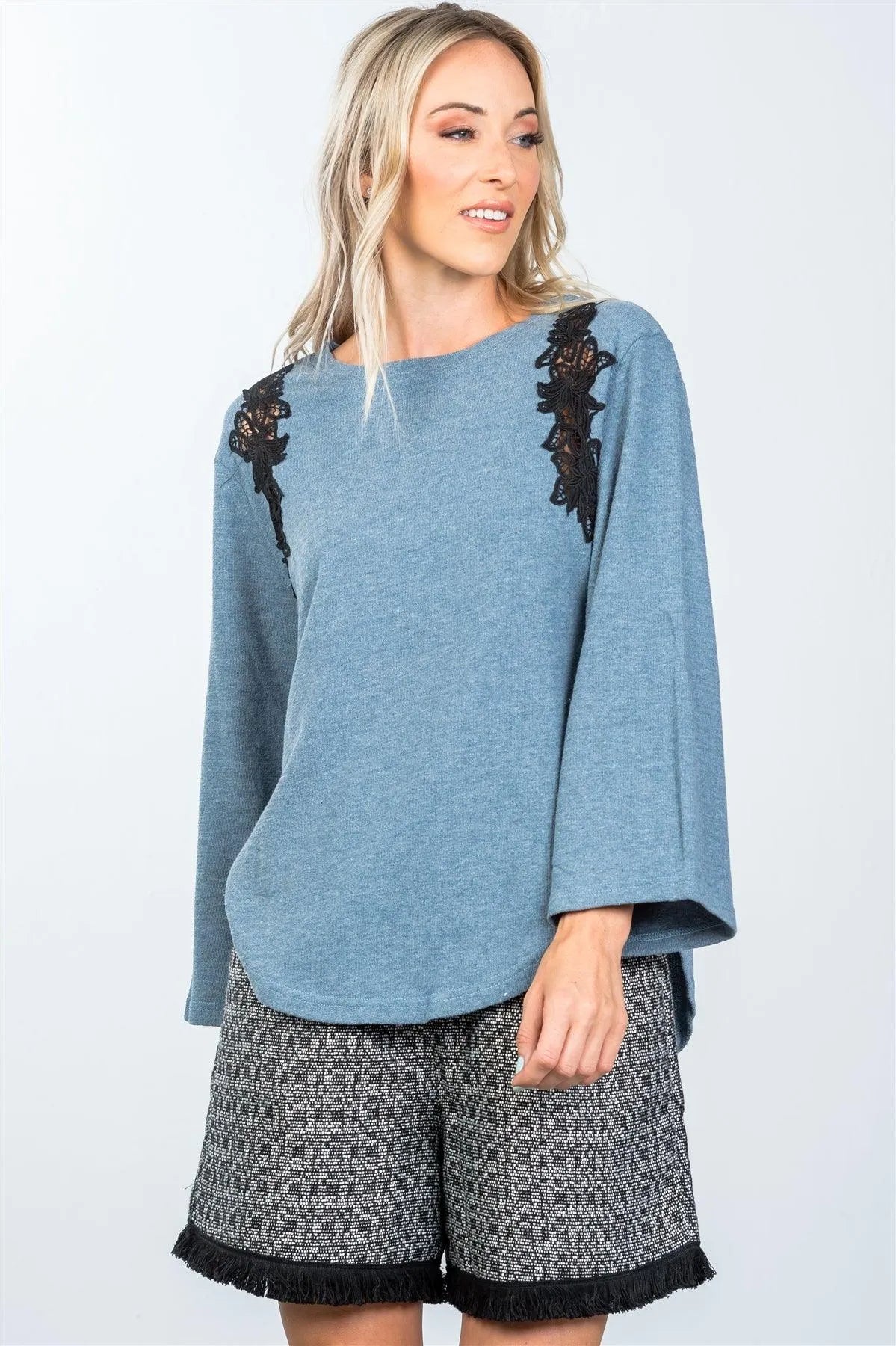 Boho Navy Contrast Floral Crochet Pullover /2-2-2 - Tasha Apparel Wholesale