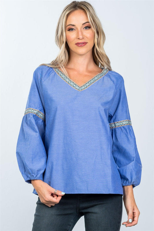 Boho Denim Drop Shoulder Embroidery Blouse /2-2-2 - Tasha Apparel