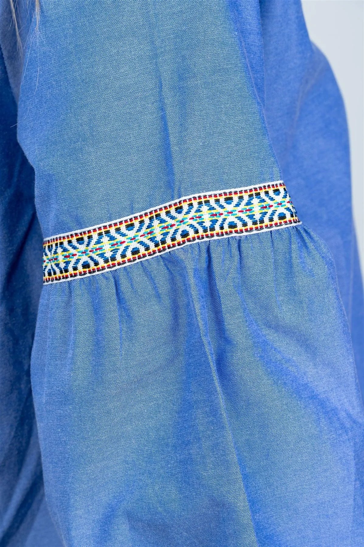 Boho Denim Drop Shoulder Embroidery Blouse /2-2-2 - Tasha Apparel Wholesale