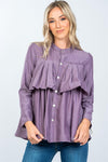 Purple Brown Layer Pleated Button Down Boho Top /2-2-2