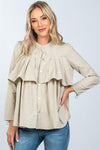 Taupe Layer Pleated Button Down Boho Top /2-2-2