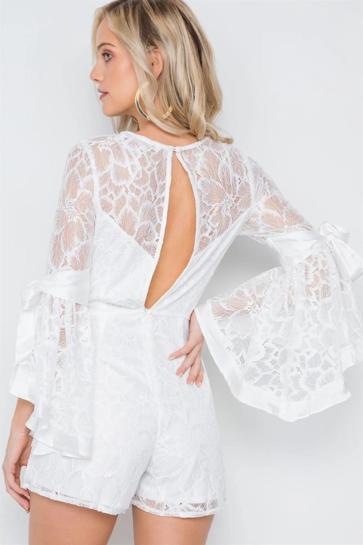 White Floral Lace Bell Sleeves Romper /3-2-1 - Tasha Apparel Wholesale