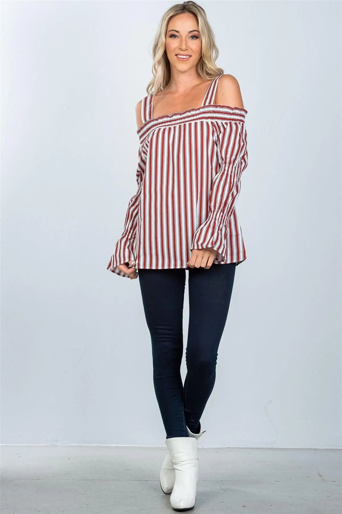 Red Boho Stripe Cold Shoulder Top /2-2-2 - Tasha Apparel Wholesale