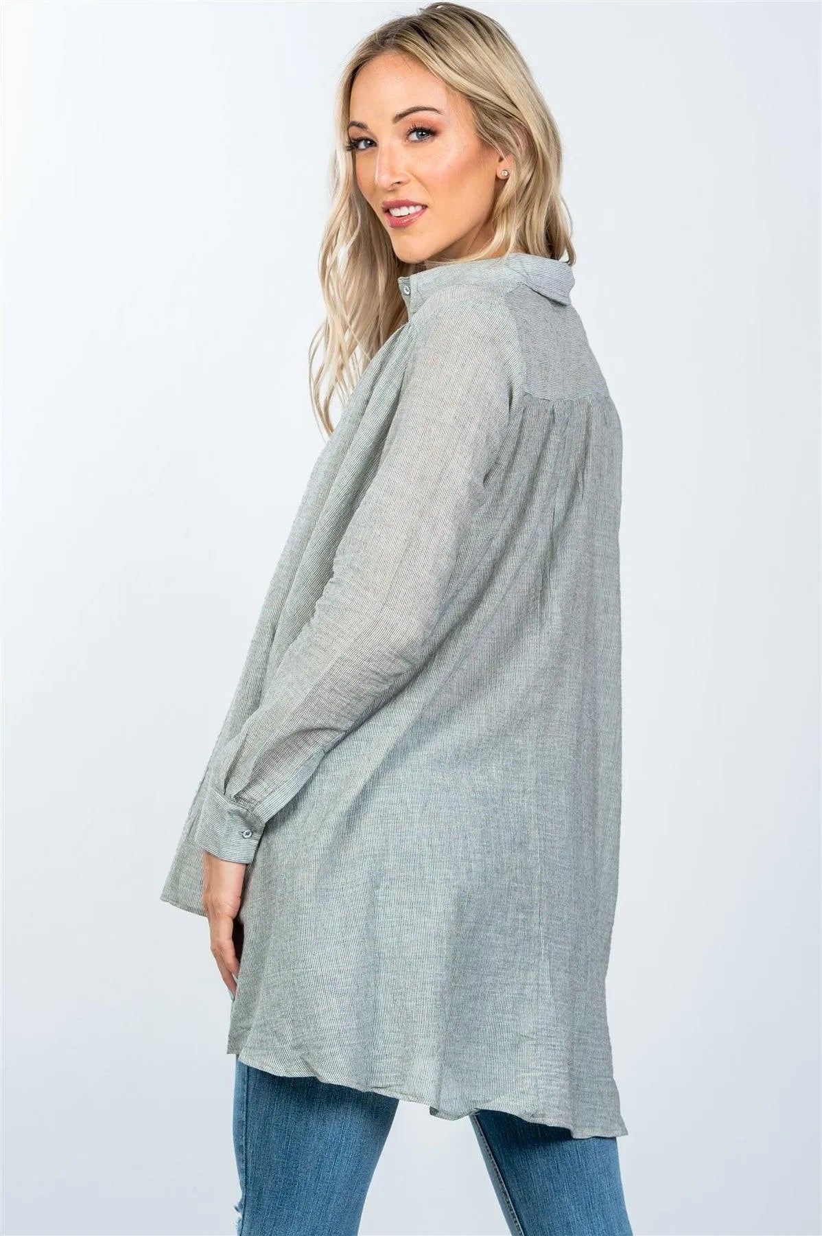 Black Front Button Up Loose Boho Blouse /2-2-2 - Tasha Apparel Wholesale