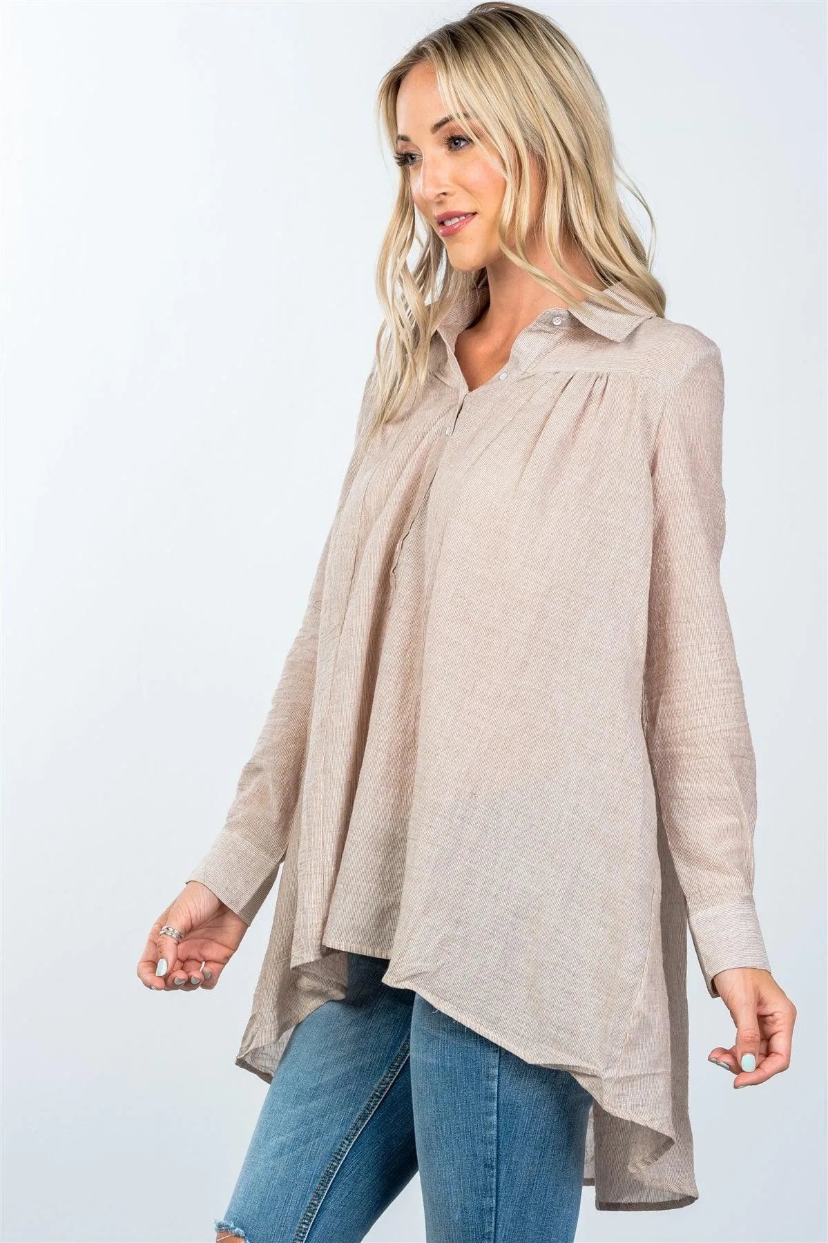 Brown Front Button Up Loose Boho Blouse /2-2-2 - Tasha Apparel Wholesale