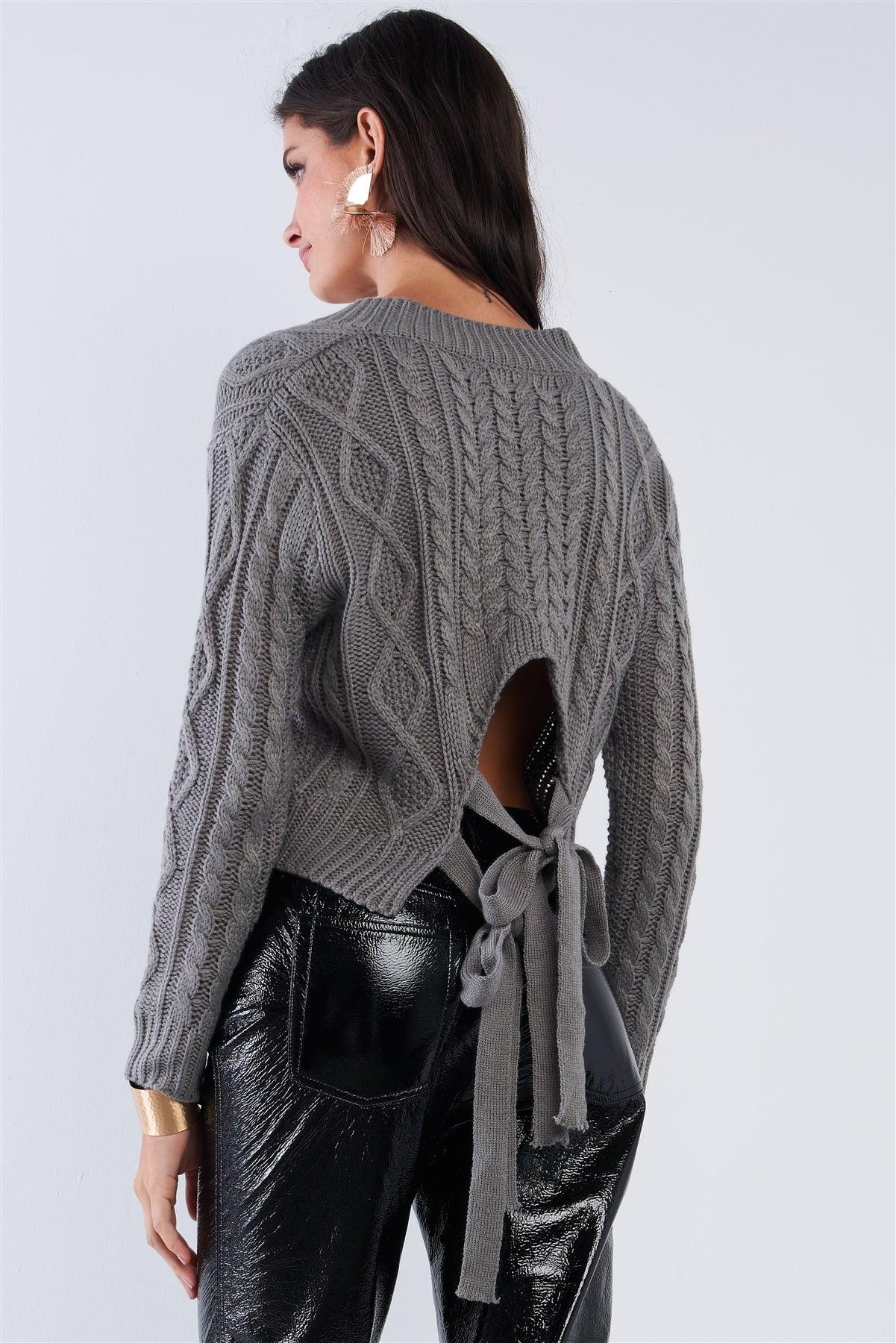 Grey Long Sleeve V-Neck Knit Self-Tie Open Back Cropped Sweater