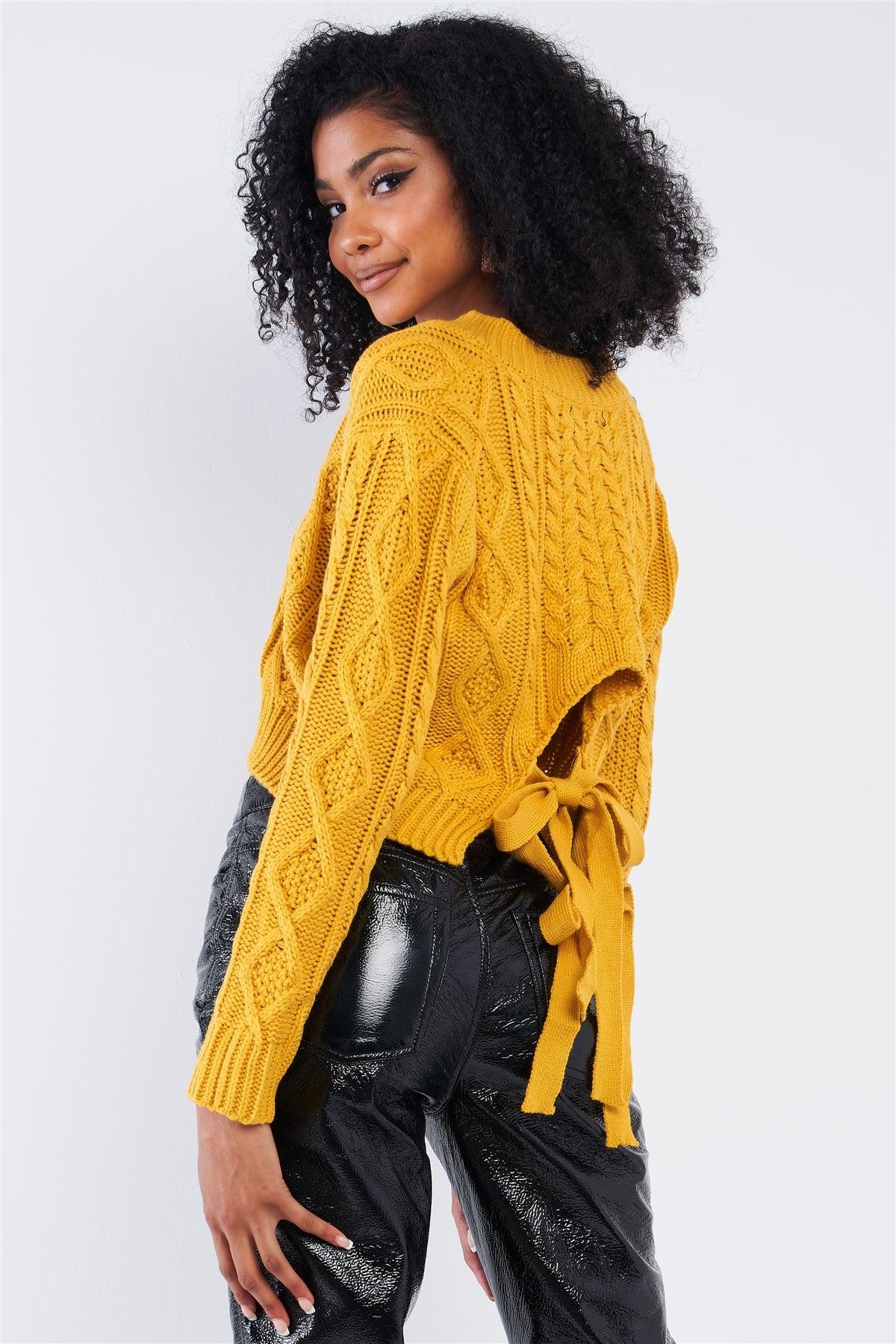 Mustard Long Sleeve V-Neck Knit Self-Tie Open Back Cropped Sweater