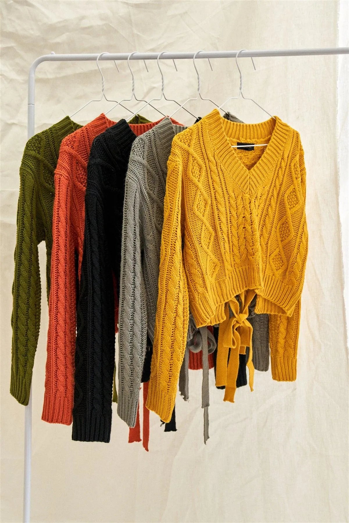 Mustard Long Sleeve V-Neck Knit Self-Tie Open Back Cropped Sweater - Tasha Apparel Wholesale