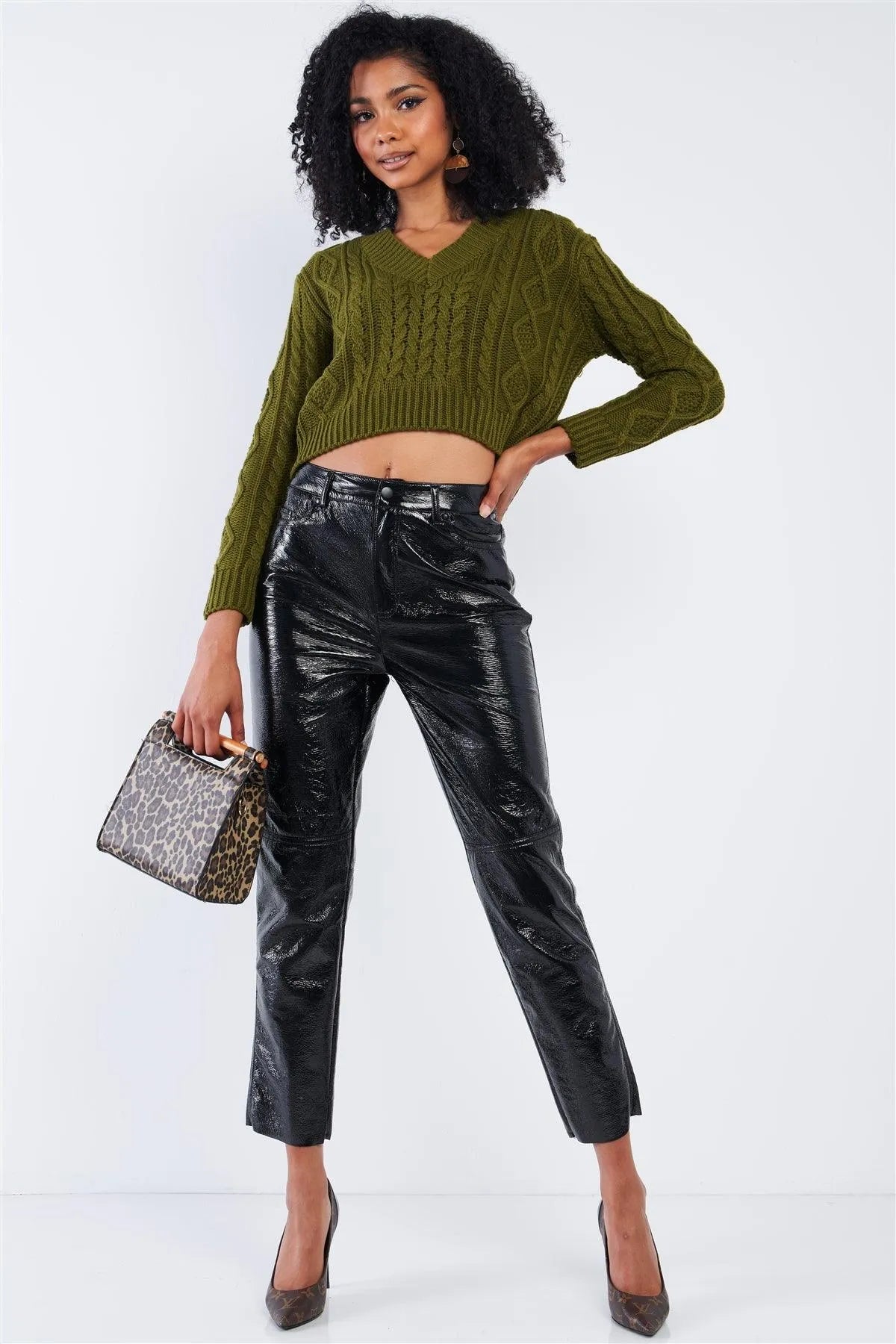 Olive Green Long Sleeve V-Neck Cable Knit Self-Tie Cut Out Back Cropped Sweater /2-2-2 - Tasha Apparel Wholesale