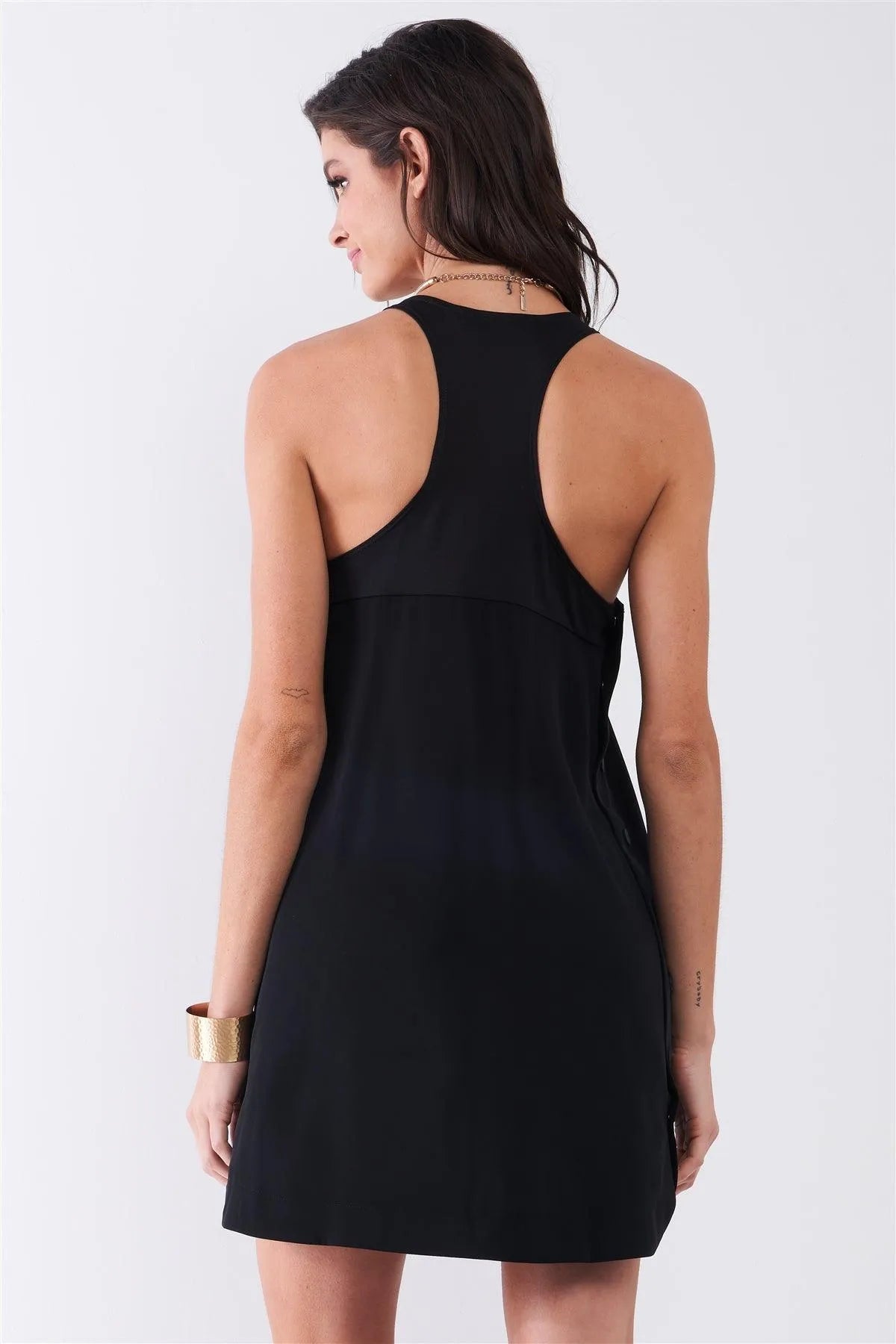 Black Sleeveless Crew Neck Side Snap Button Down Racerback Mini Tent Dress /1-2-2-1 - Tasha Apparel Wholesale