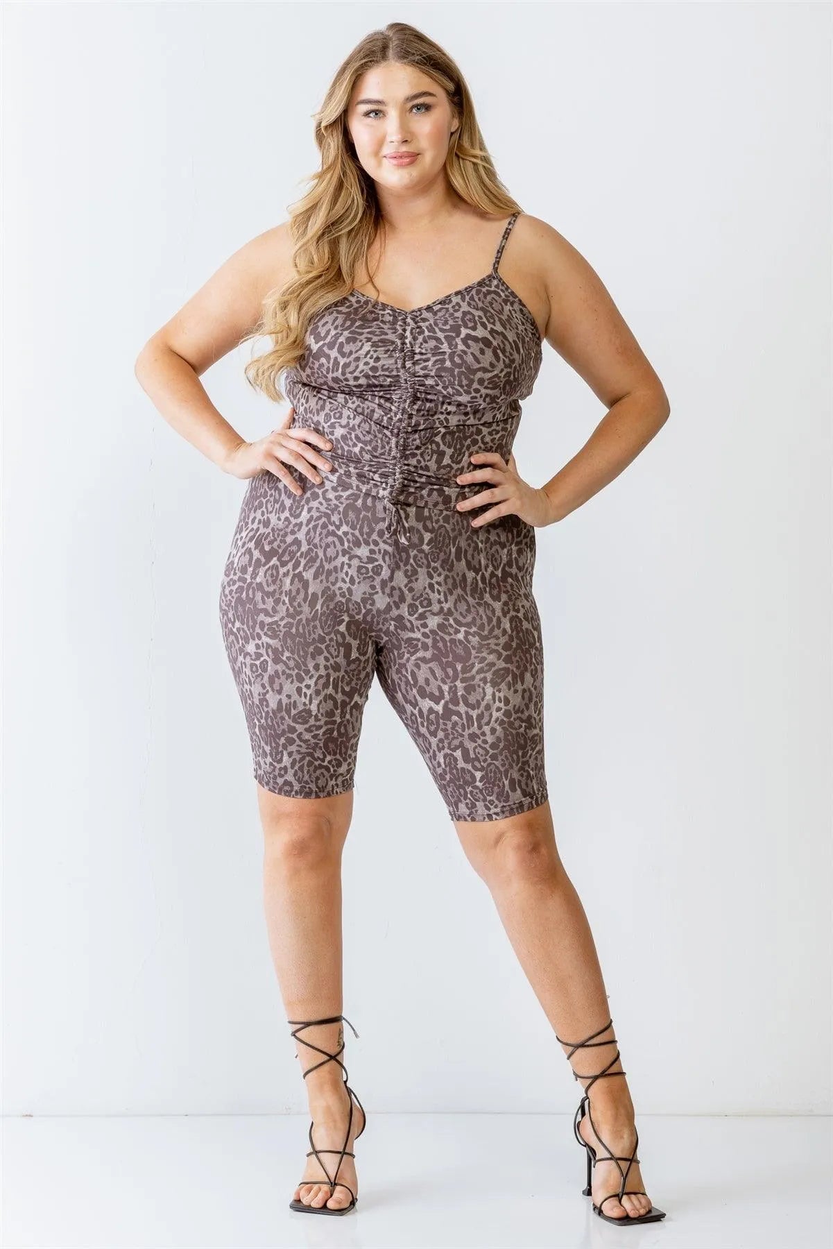 Plus Size Leopard Print Sleeveless Ruched Top & High Waist Shorts Set - Tasha Apparel Wholesale