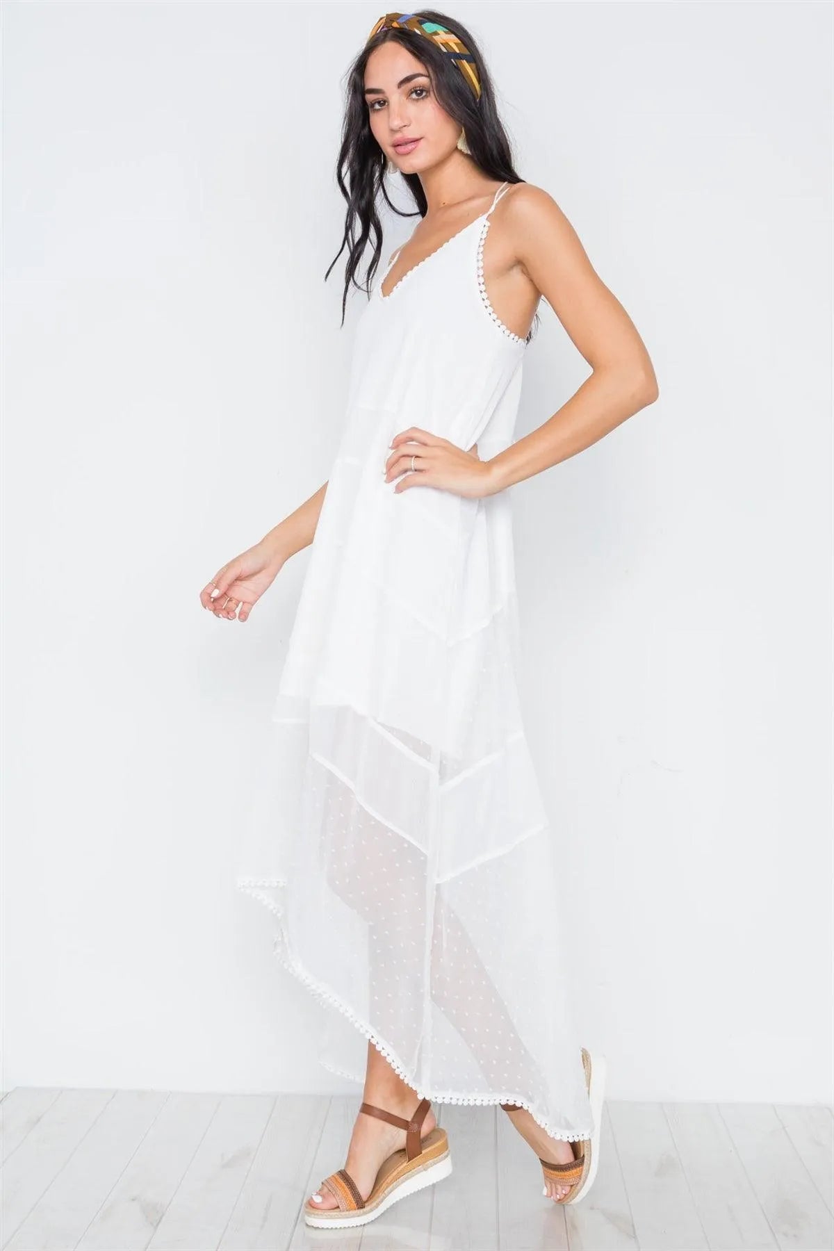 White Chiffon High-Low Cami Midi Boho Dress /1-3-2-1 - Tasha Apparel Wholesale