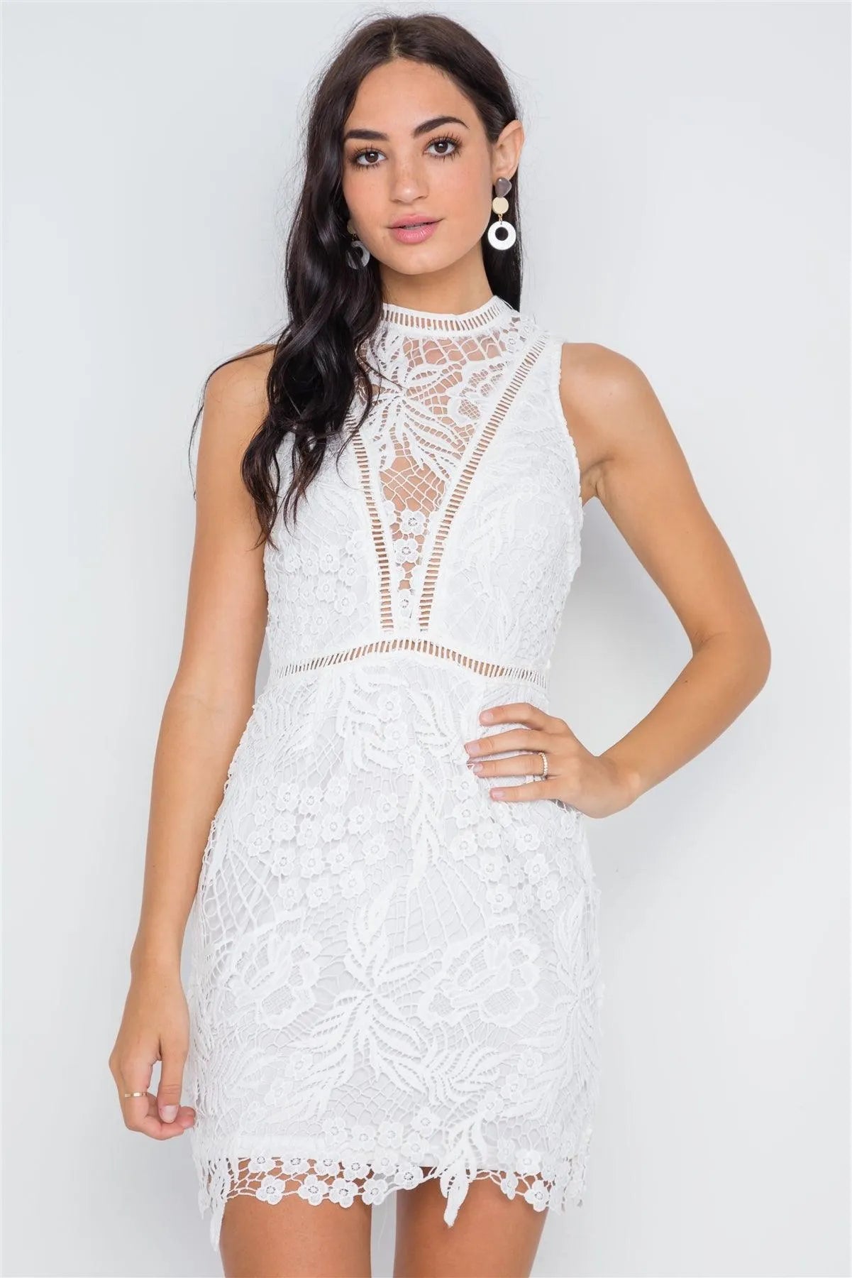 White Floral Crochet Sleeveless Mini Evening Dress /1-2-2-1 - Tasha Apparel Wholesale