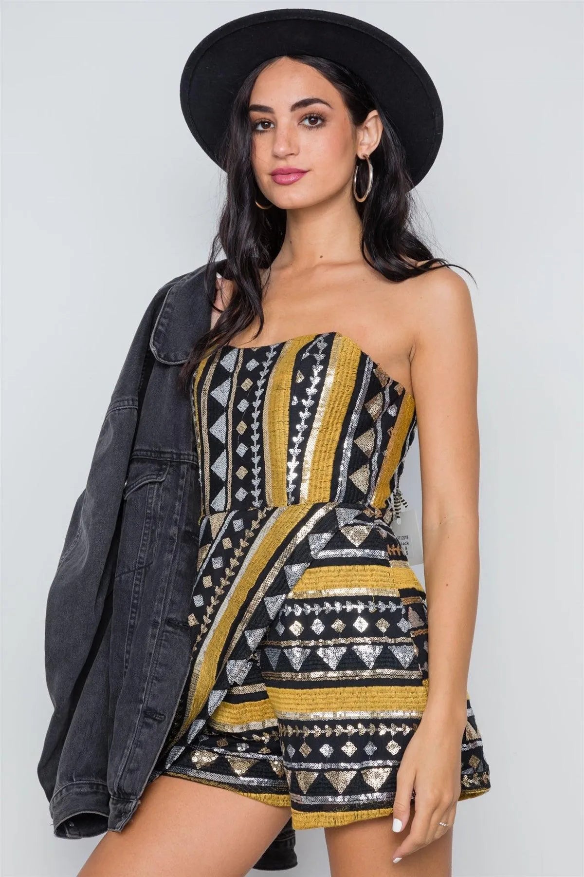 Black Sequin Embroidery Strapless Evening Romper /1-2-1 - Tasha Apparel Wholesale