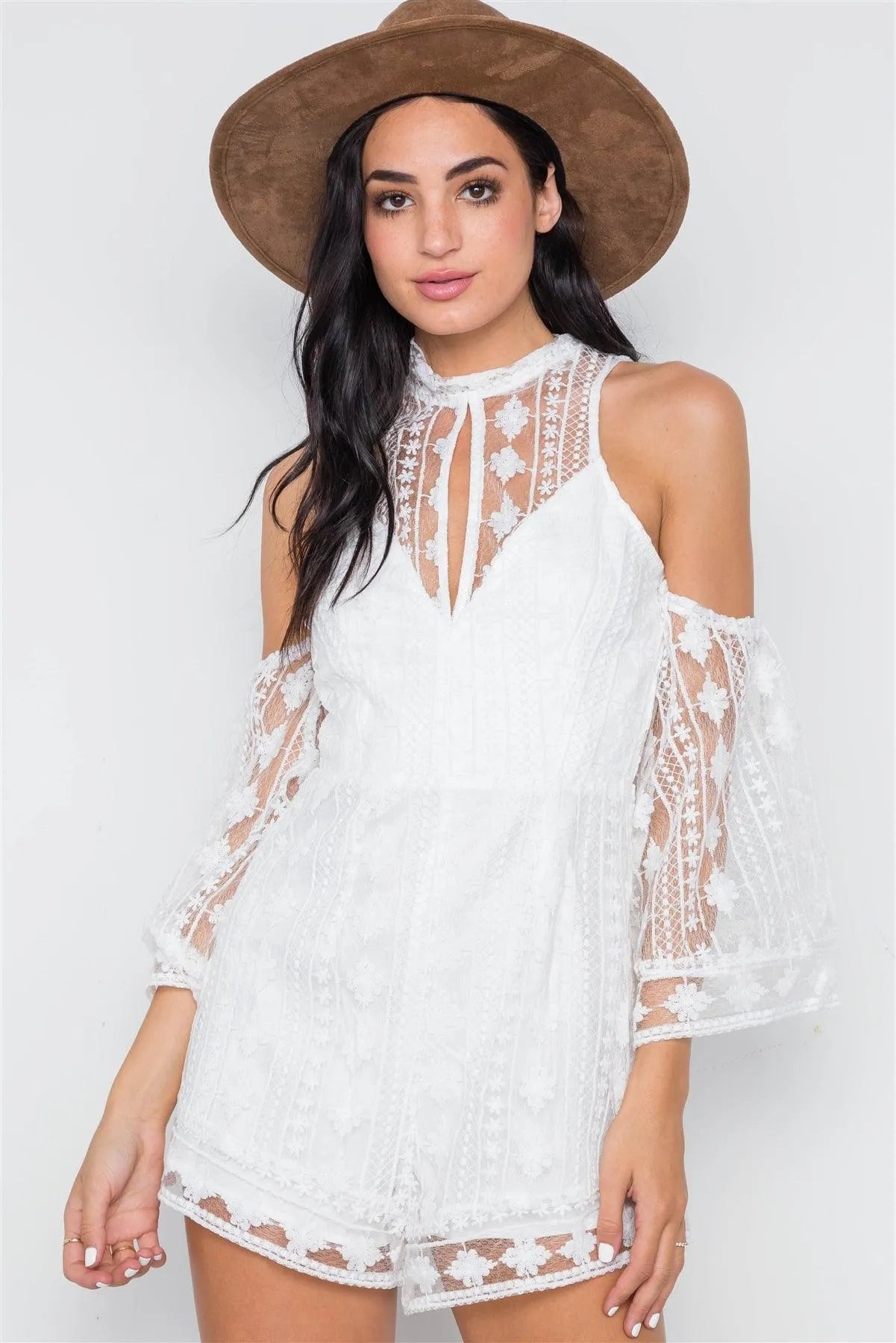 White Floral Embroidery Cold Shoulder Romper /2-2-2-1 - Tasha Apparel Wholesale