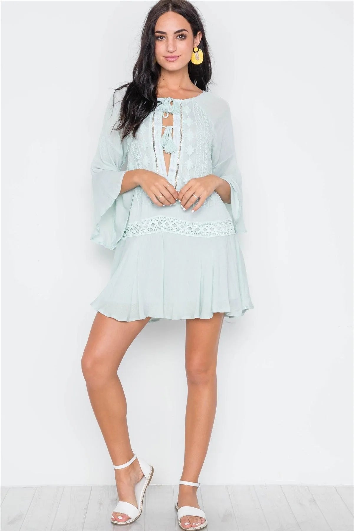Mint Bell Sleeve Crochet Trim Mini Boho Dress /1-3-2-1 - Tasha Apparel Wholesale